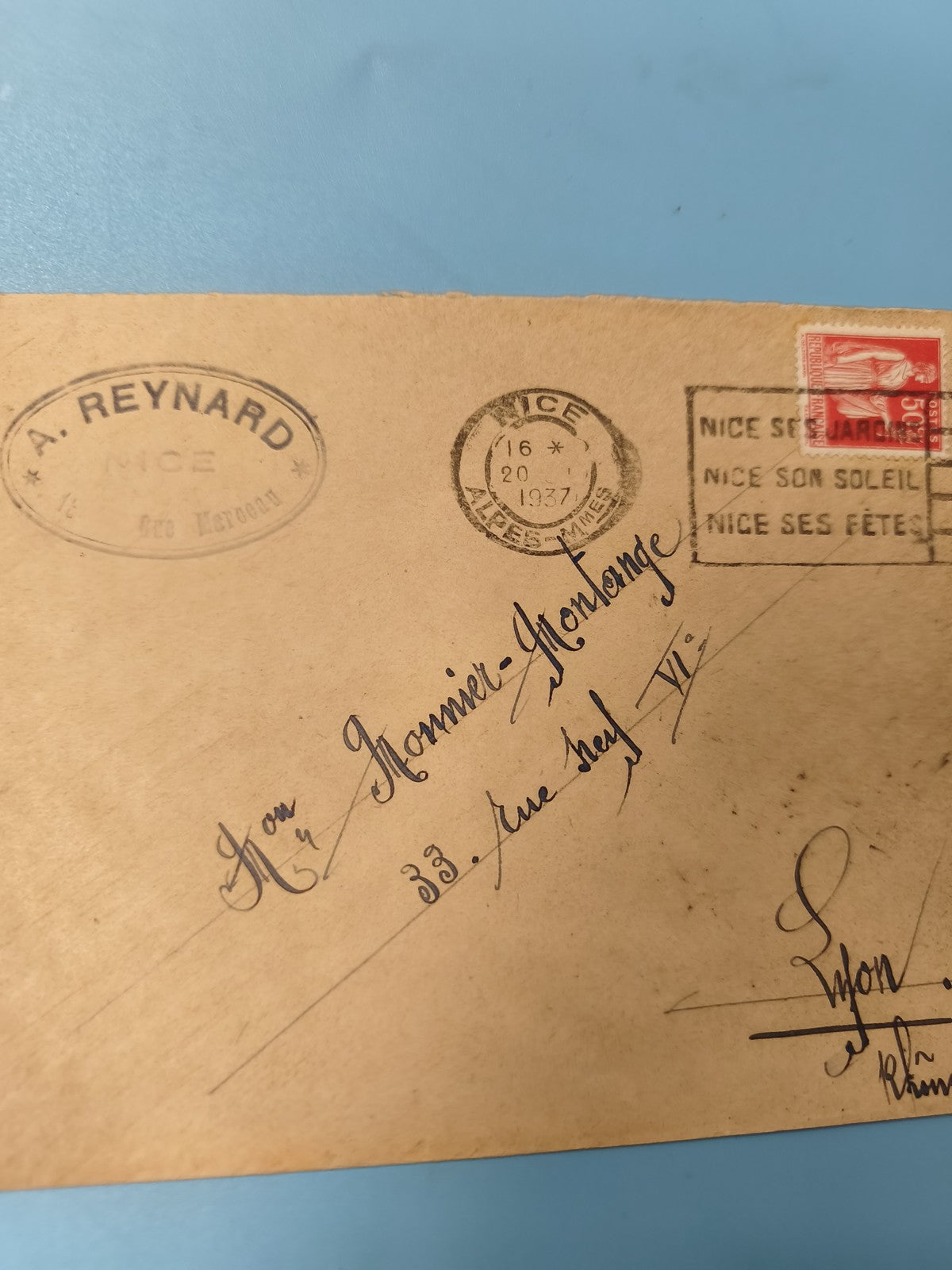 Enveloppe ancienne oblitérée 1937 Nice philatélie timbre rouge (Ref 6)