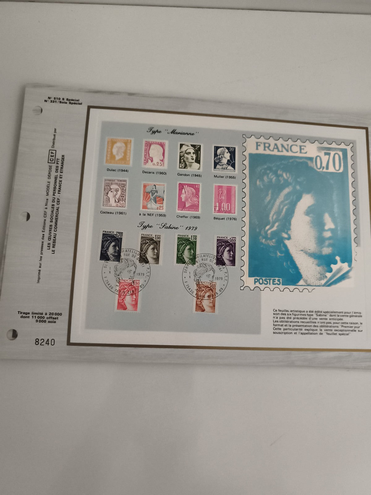 Feuillet CEF Marianne Sabine 1979 timbres oblitérés France philatélie