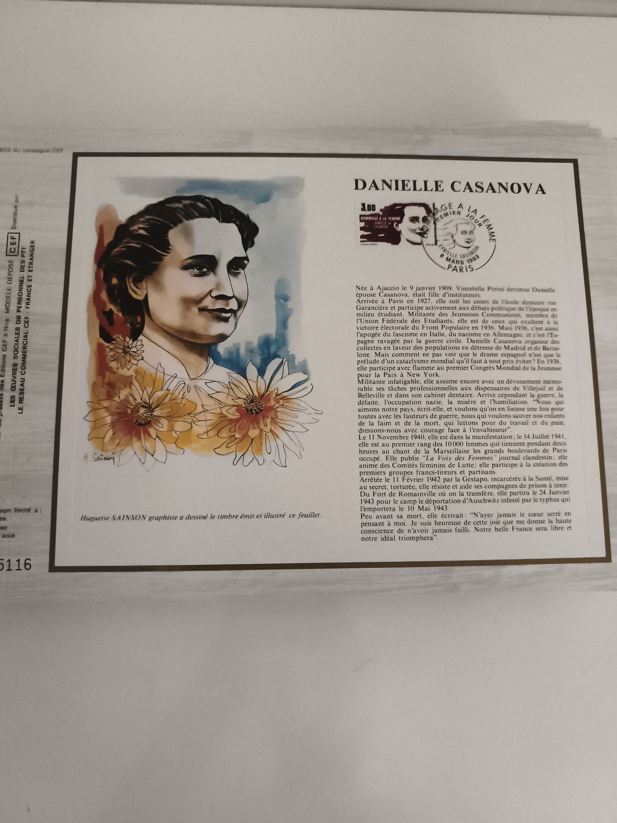 Feuillet CEF Danielle Casanova timbre illustré philatélie hommage femme France