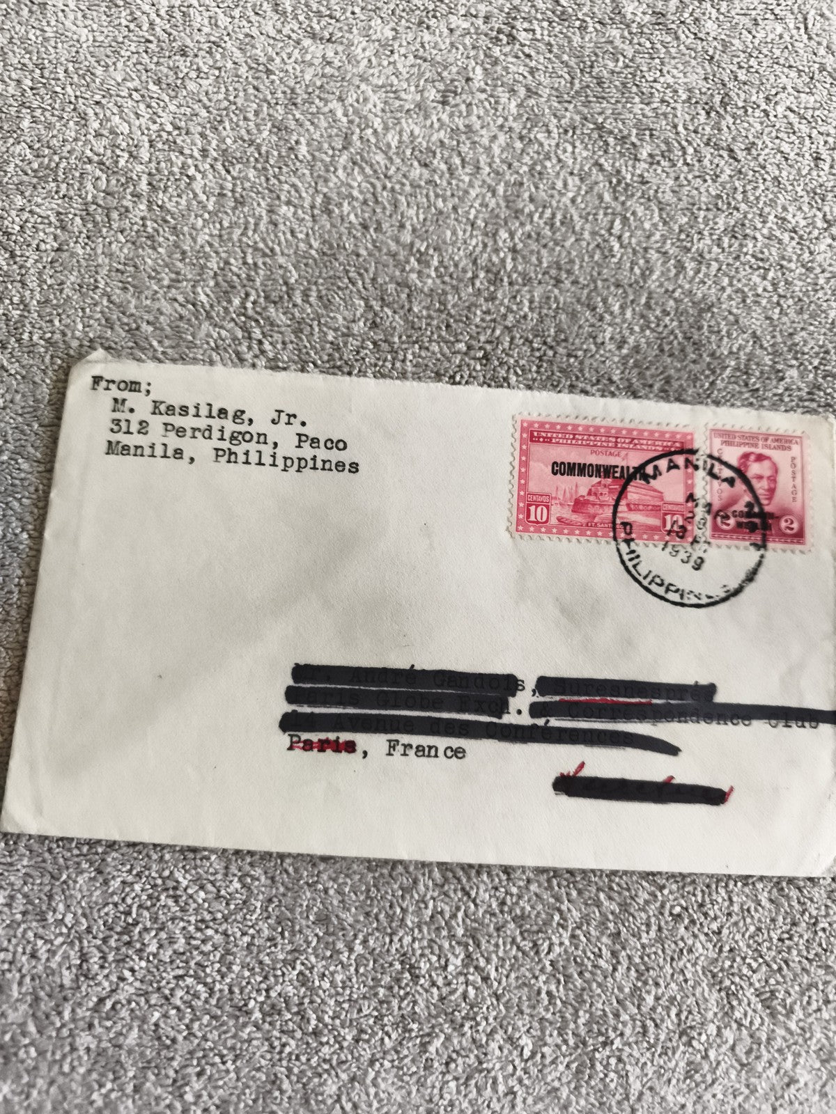 Lettre affranchie Philippines 1939 timbres Commonwealth oblitérés Manille philat