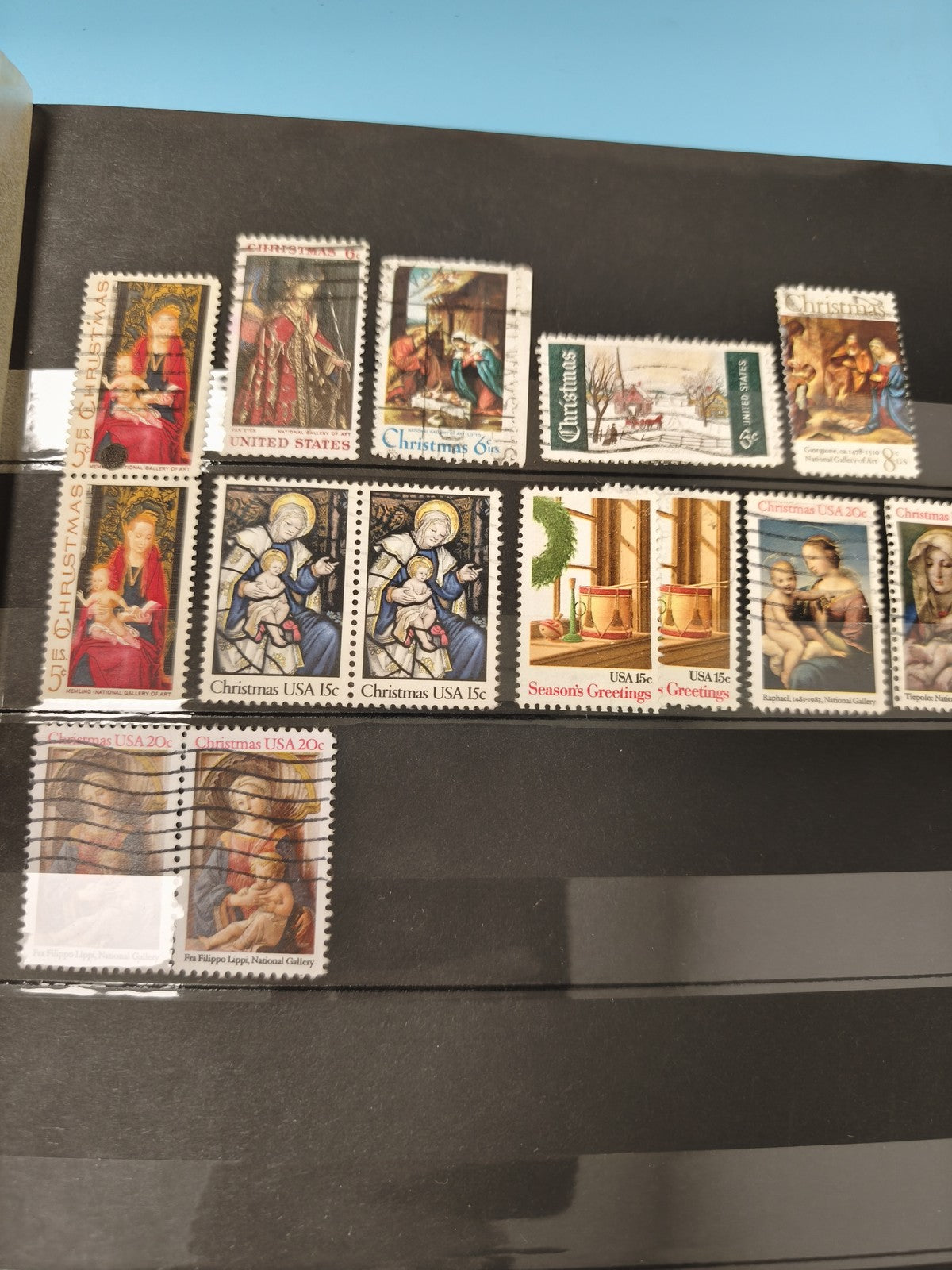 Lot anciens timbres USA oblitérés Noël religieux vintage philatélie collection