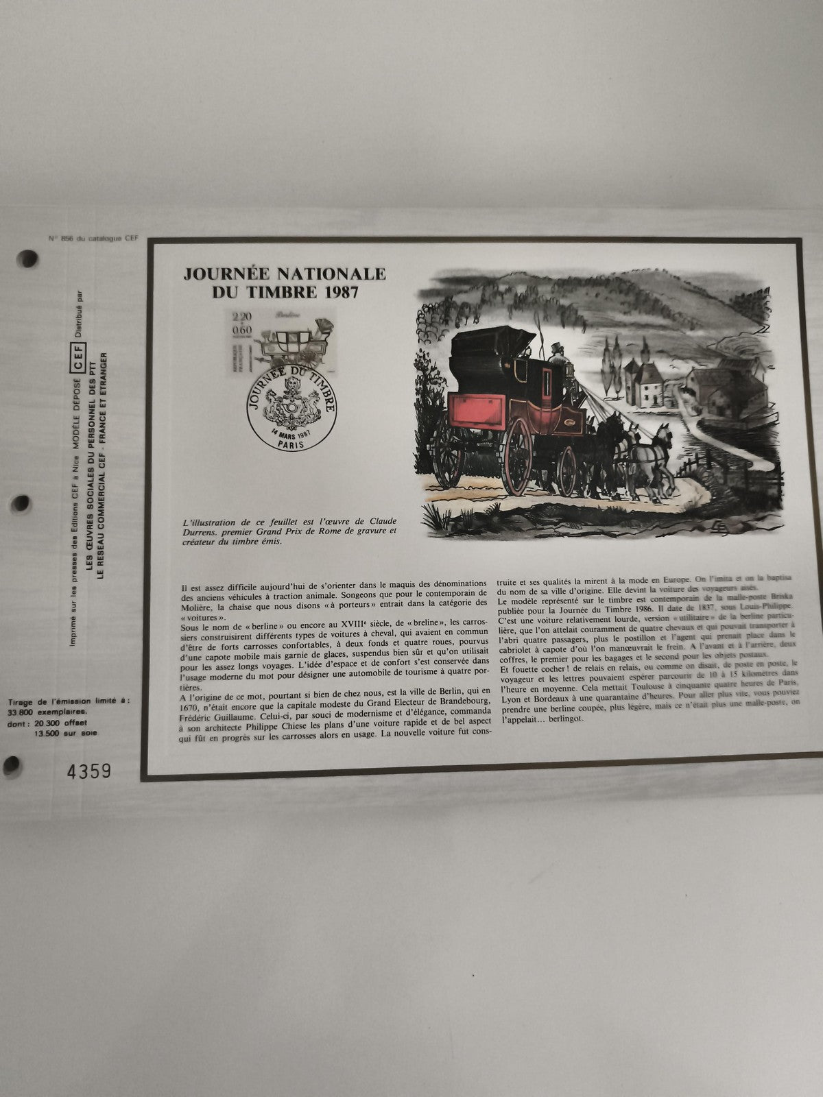 Feuillet CEF Journée du Timbre 1987 diligence oblitéré philatélie France