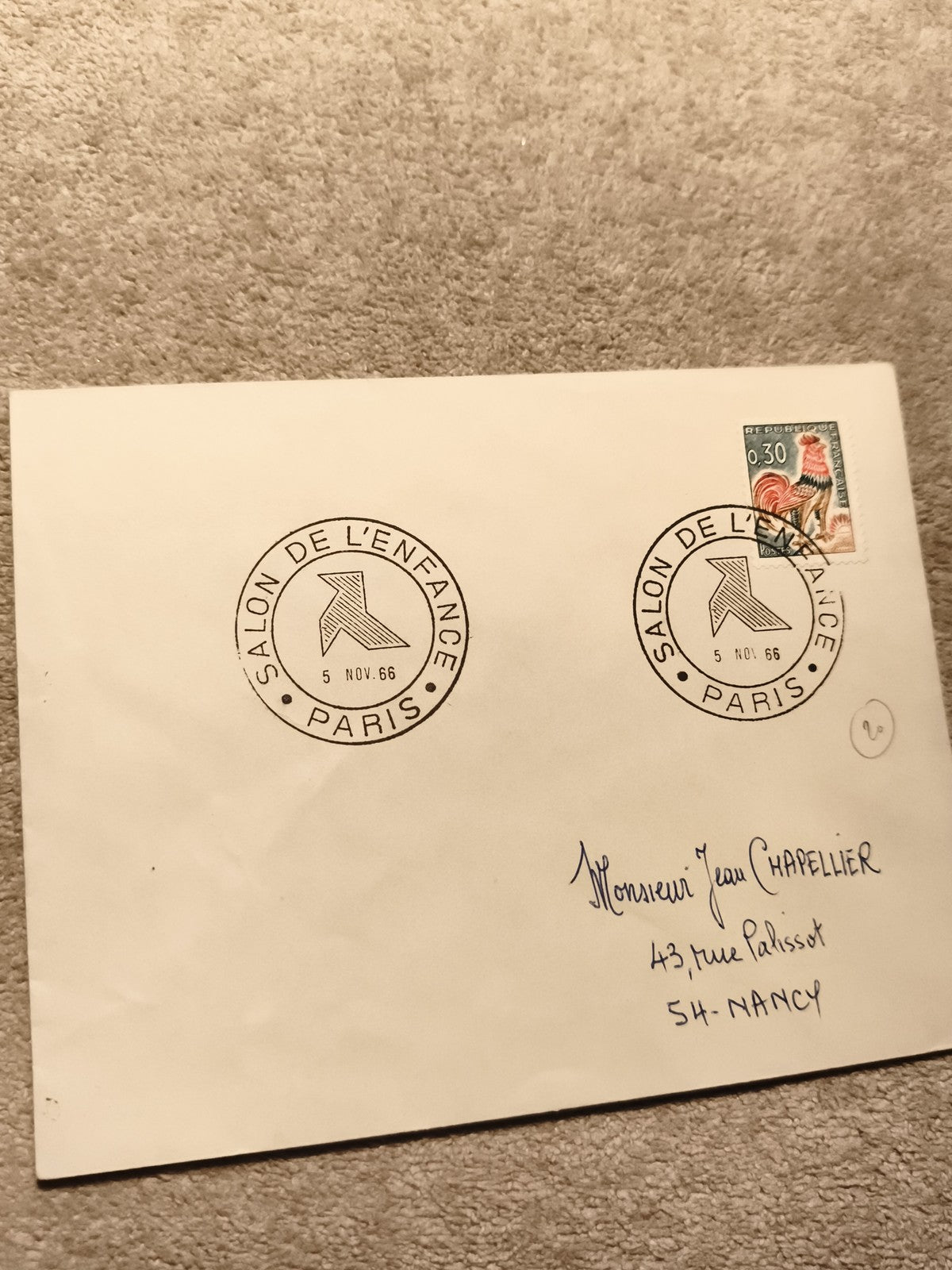Lettre premier jour Salon de l'Enfance Paris 1966 timbre coq France philatélie