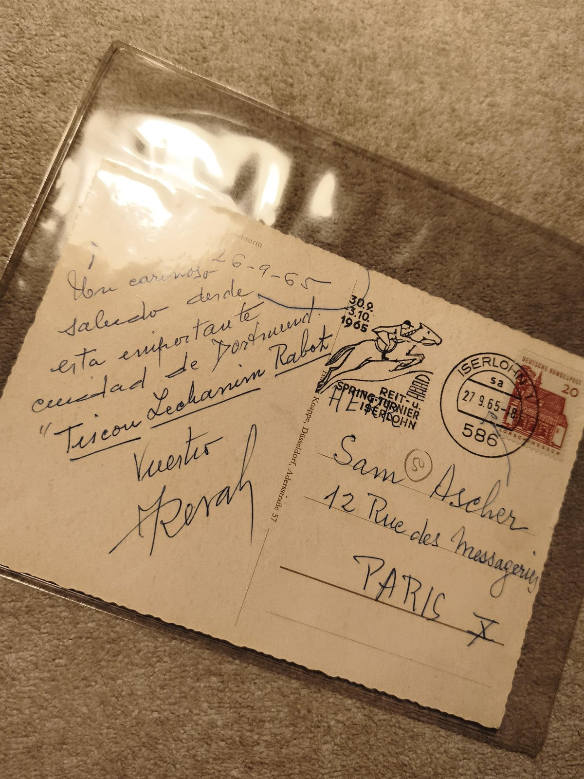 Carte postale philatélie oblitérée Iserlohn 1965 écriture manuscrite Paris (Ref
