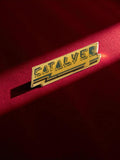 Pin's émail vintage CATALVER jaune noir, badge publicitaire rétro années 80
