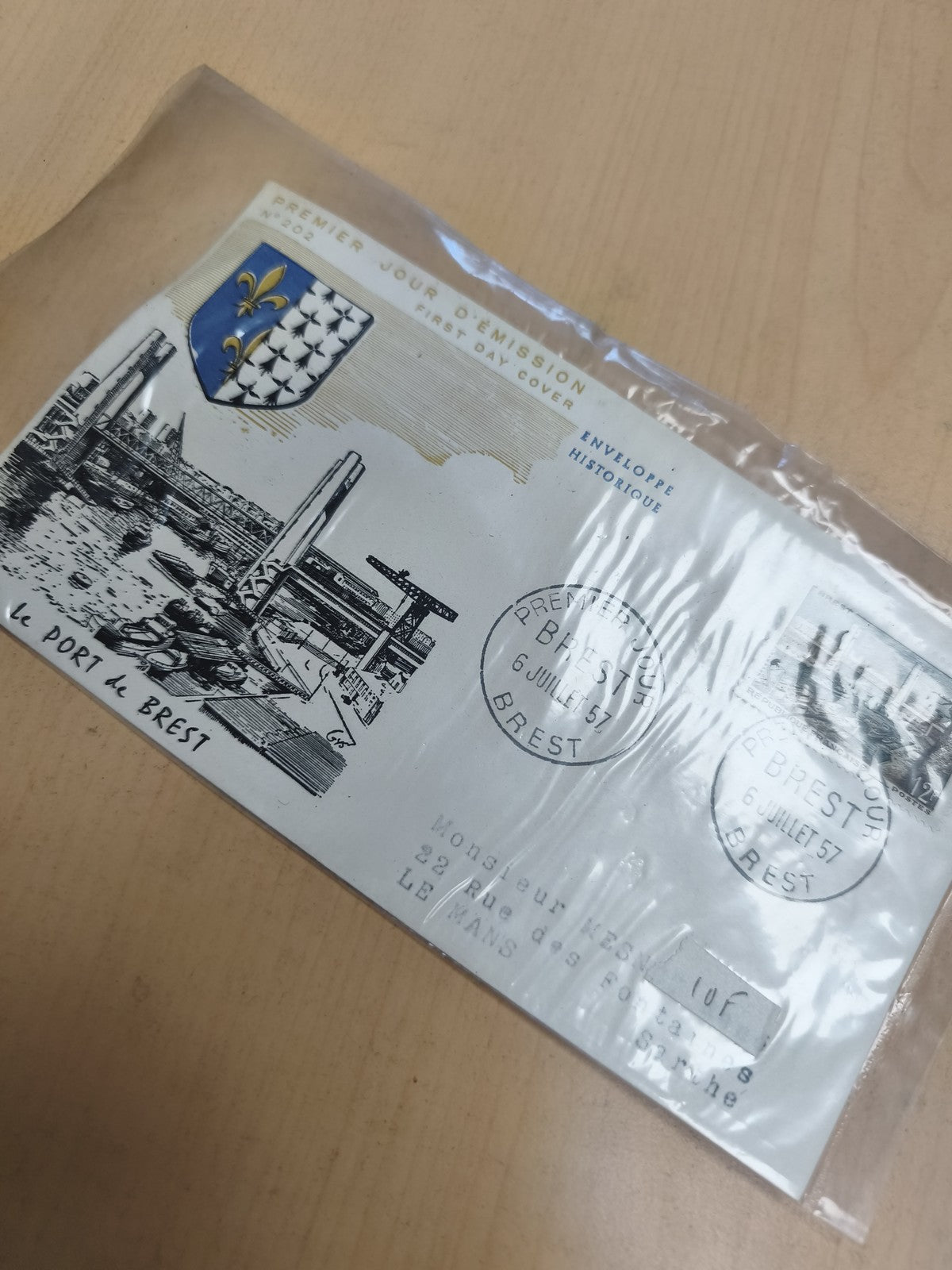 Enveloppe premier jour Brest 1957 blason philatélie illustrée cachet FDC
