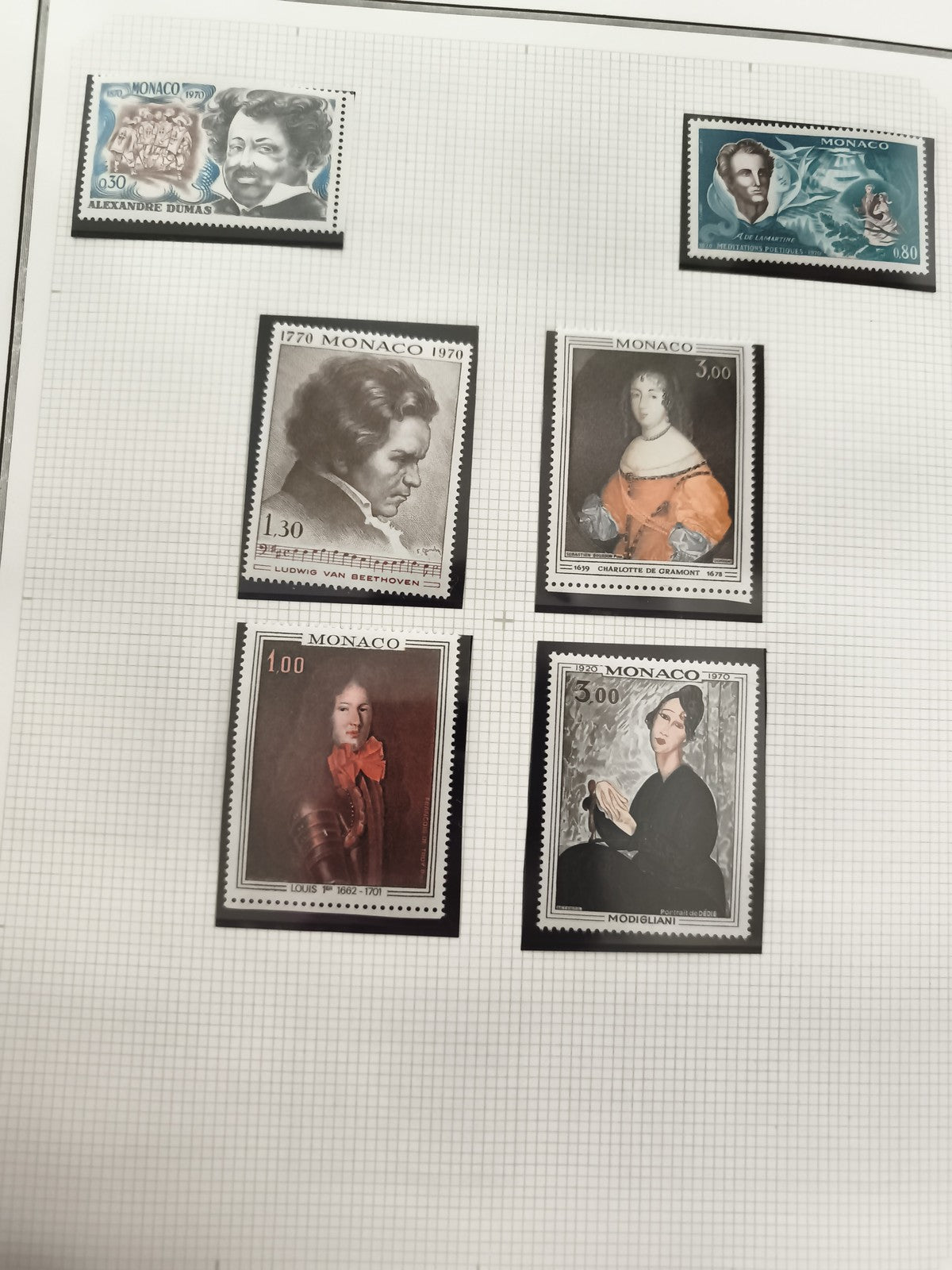 Timbres Monaco portraits artistes écrivains Beethoven Dumas Modigliani philatéli