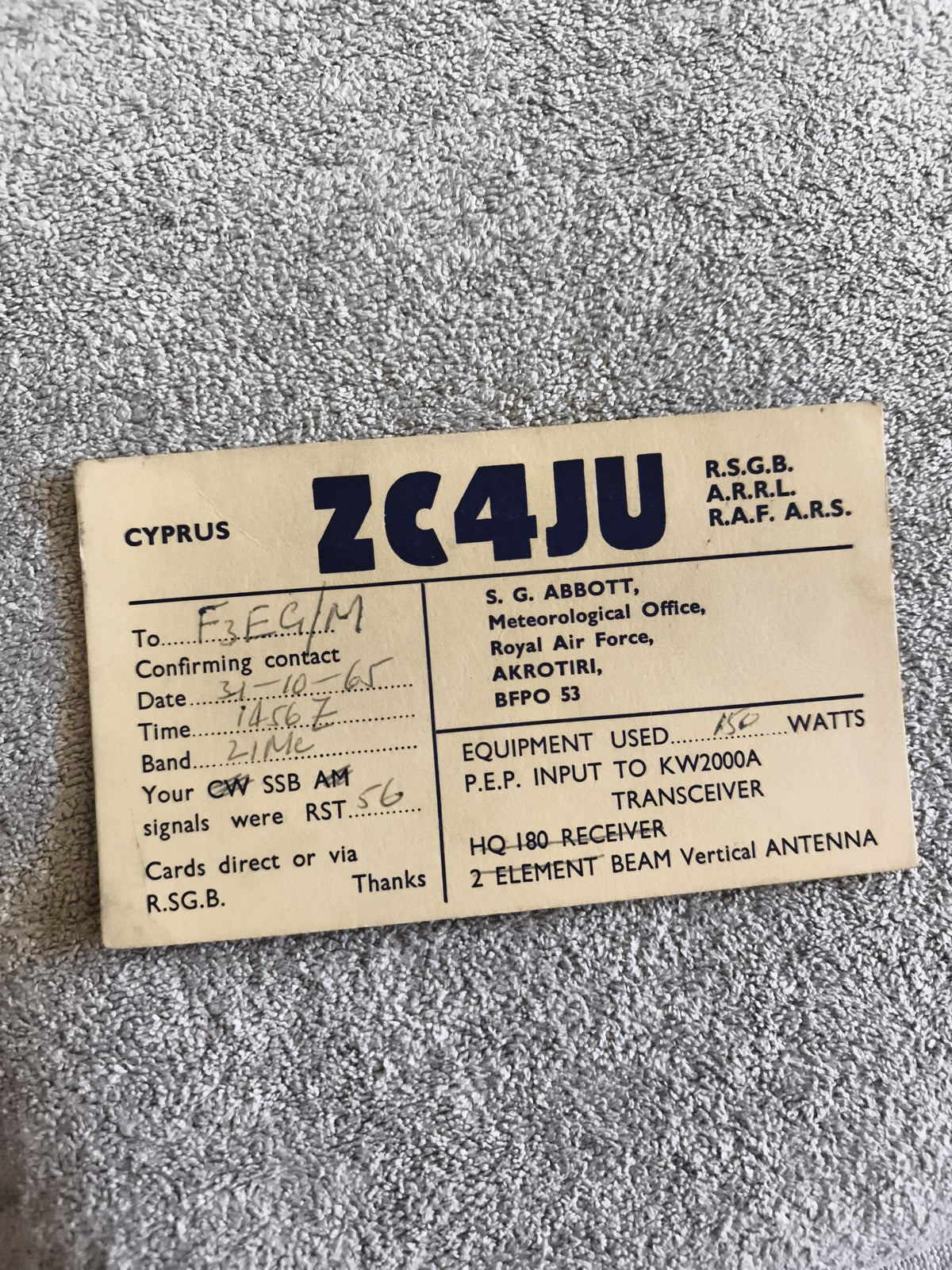 Carte QSL radio ancienne ZC4JU Cyprus RAF Akrotiri 1965 vintage radioamateur