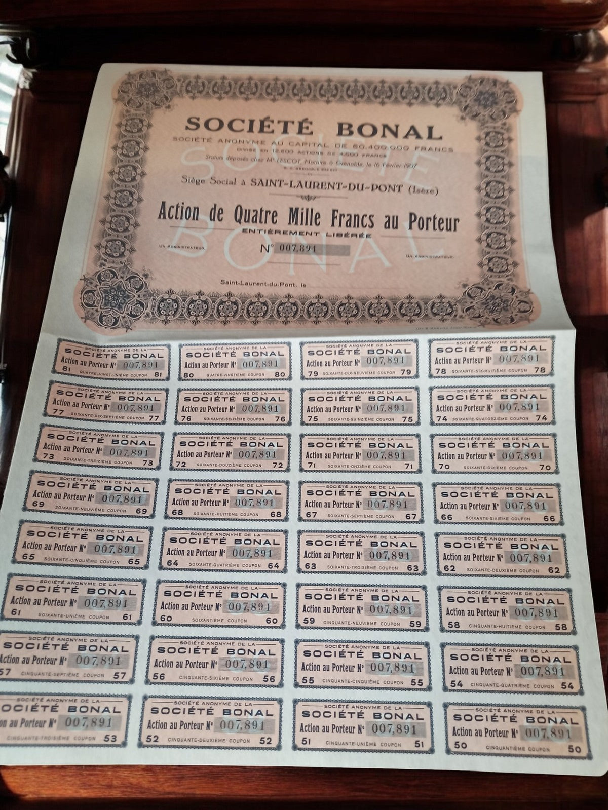 Action au porteur Société Bonal ancienne années 1920 vintage rétro décor