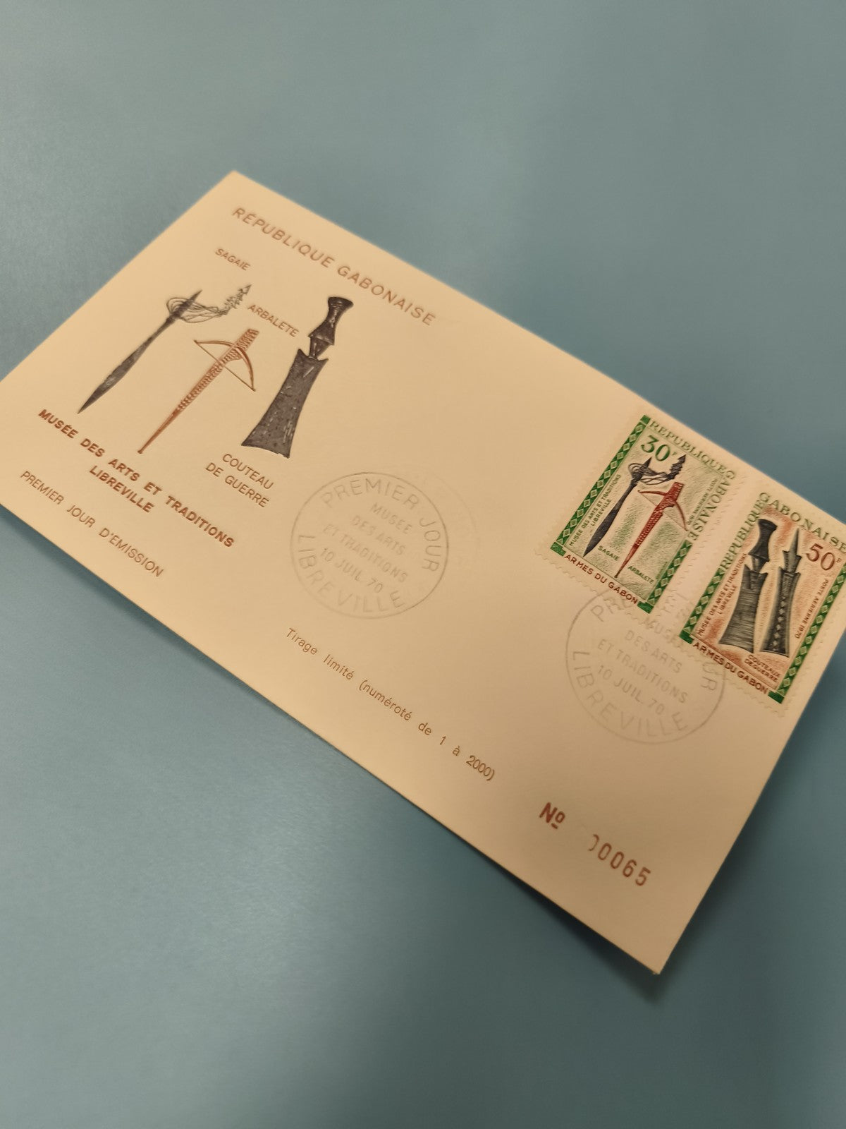Enveloppe FDC Gabon Musée des Arts Timbres 1er Jour armes traditionnelles