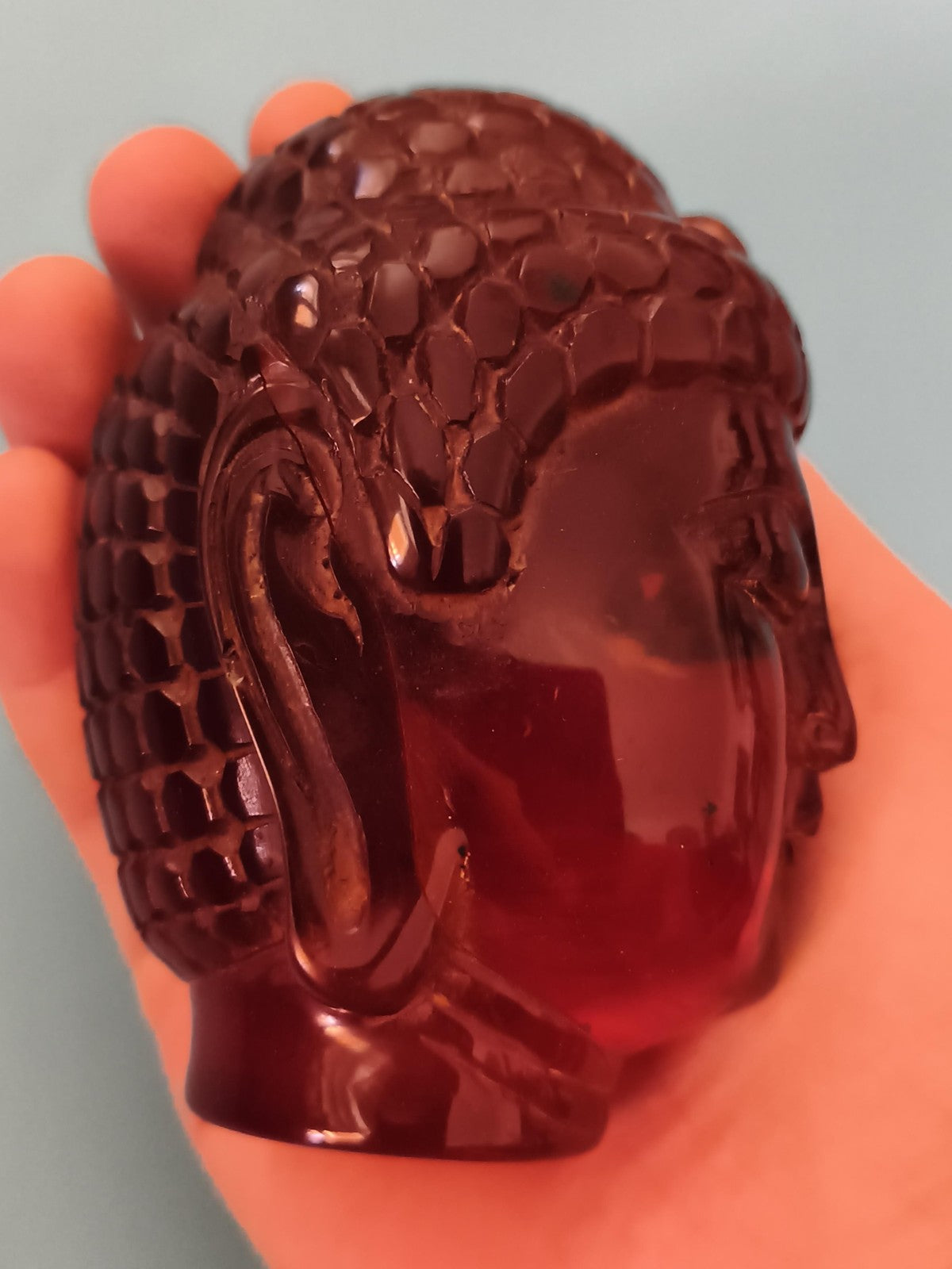 Tête de Bouddha ancienne bakélite rouge sculpture déco vintage Asie zen