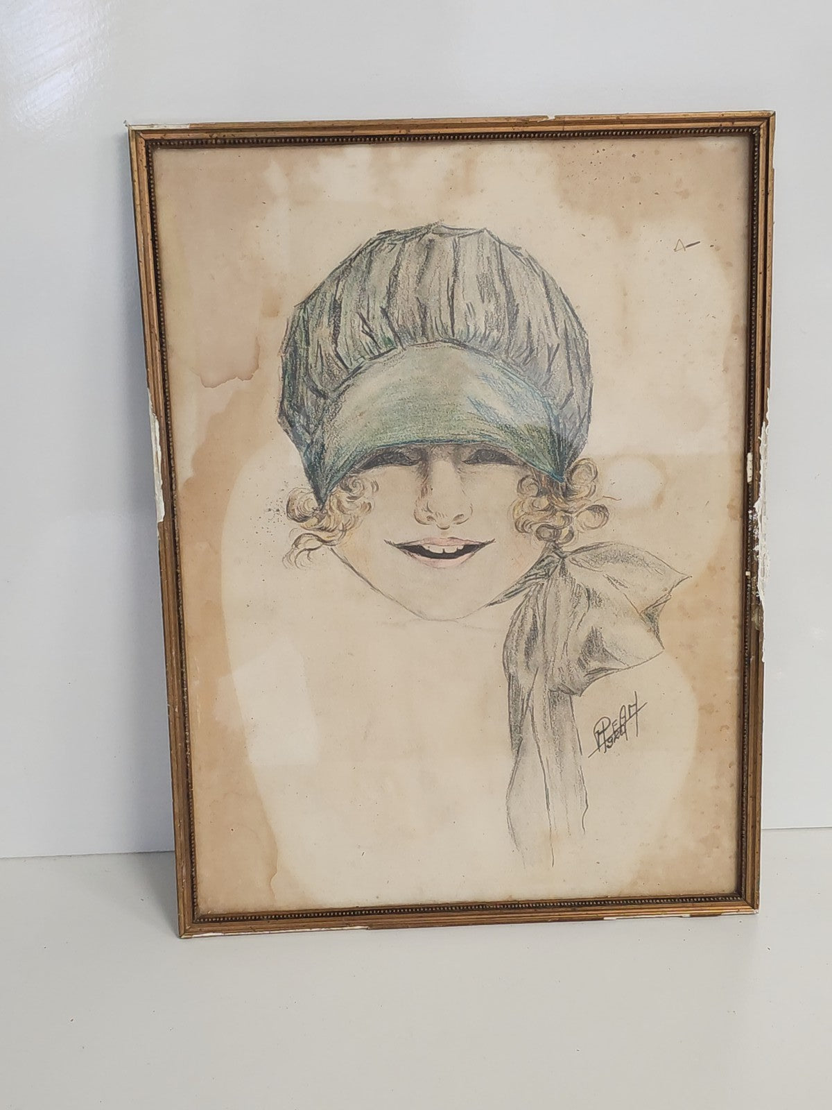 Dessin ancien signé Peam 1924, portrait vintage petite fille, art rétro collecti