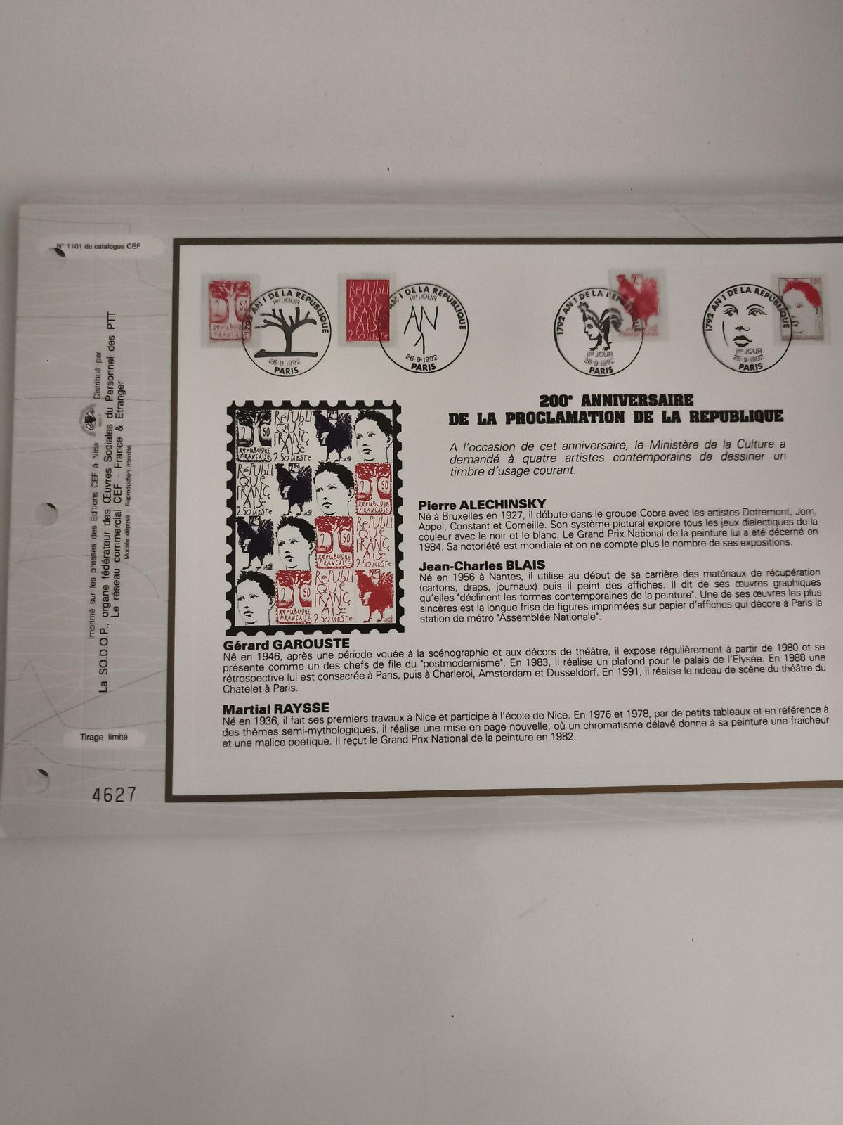 Feuillet CEF 200e Anniversaire Proclamation République artistes contemporains