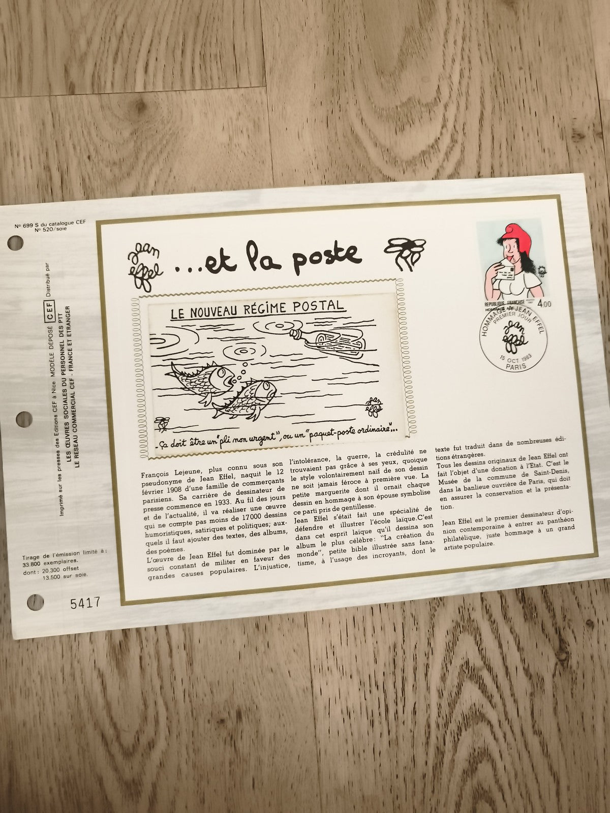 Feuillet philatélique CEF Jean Effel Le Nouveau Régime Postal Marianne 1989