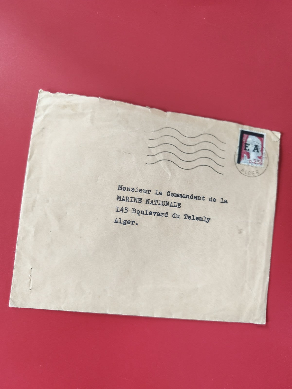 Enveloppe affranchie timbre EA 0,25 Alger Marine Nationale adressée Algérie