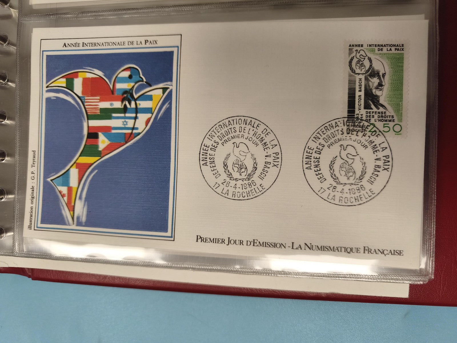 Enveloppe FDC Année Internationale de la Paix timbre Victor Basch La Rochelle