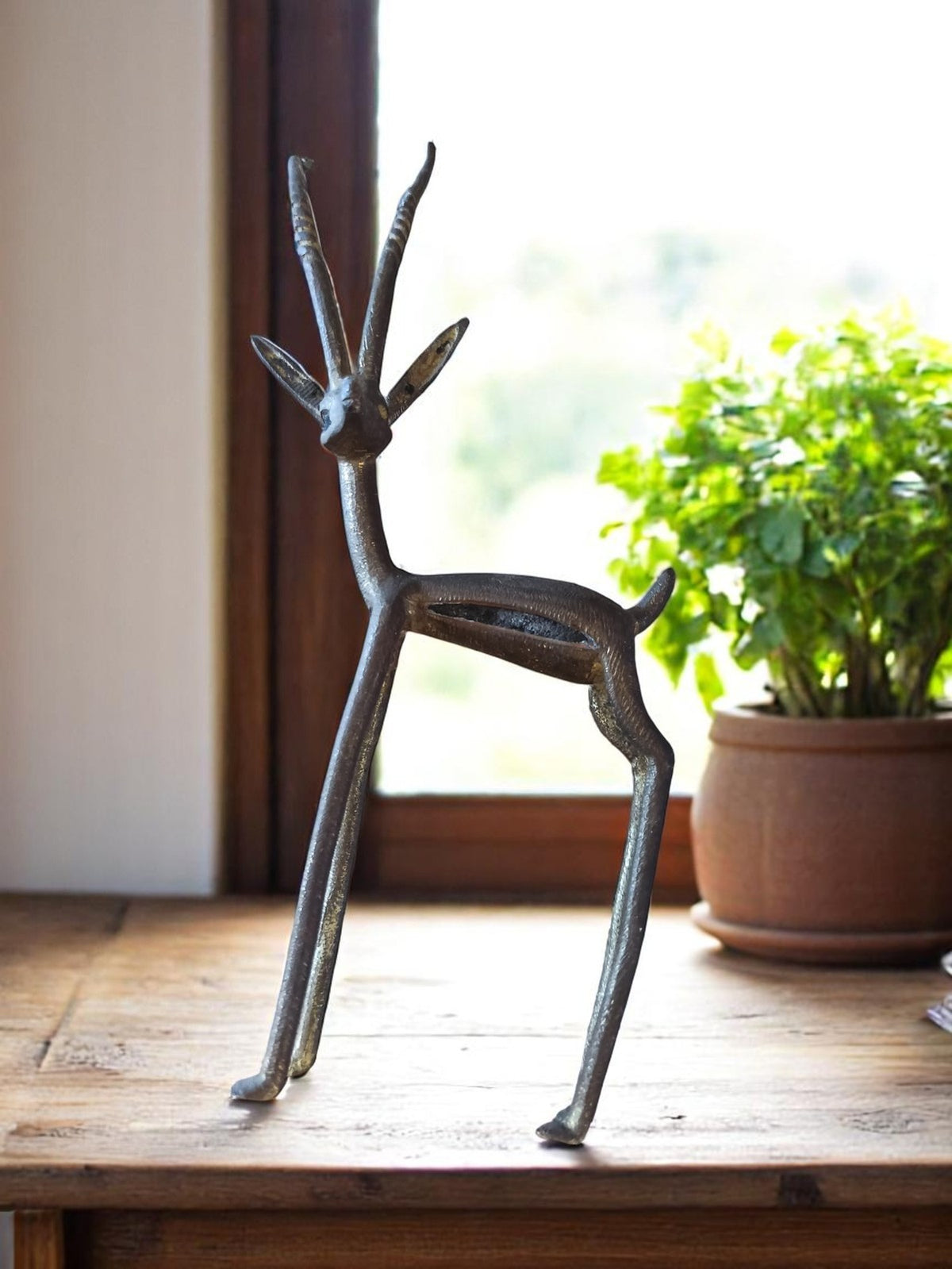 Statuette antilope en bronze ancien, sculpture décorative vintage animal