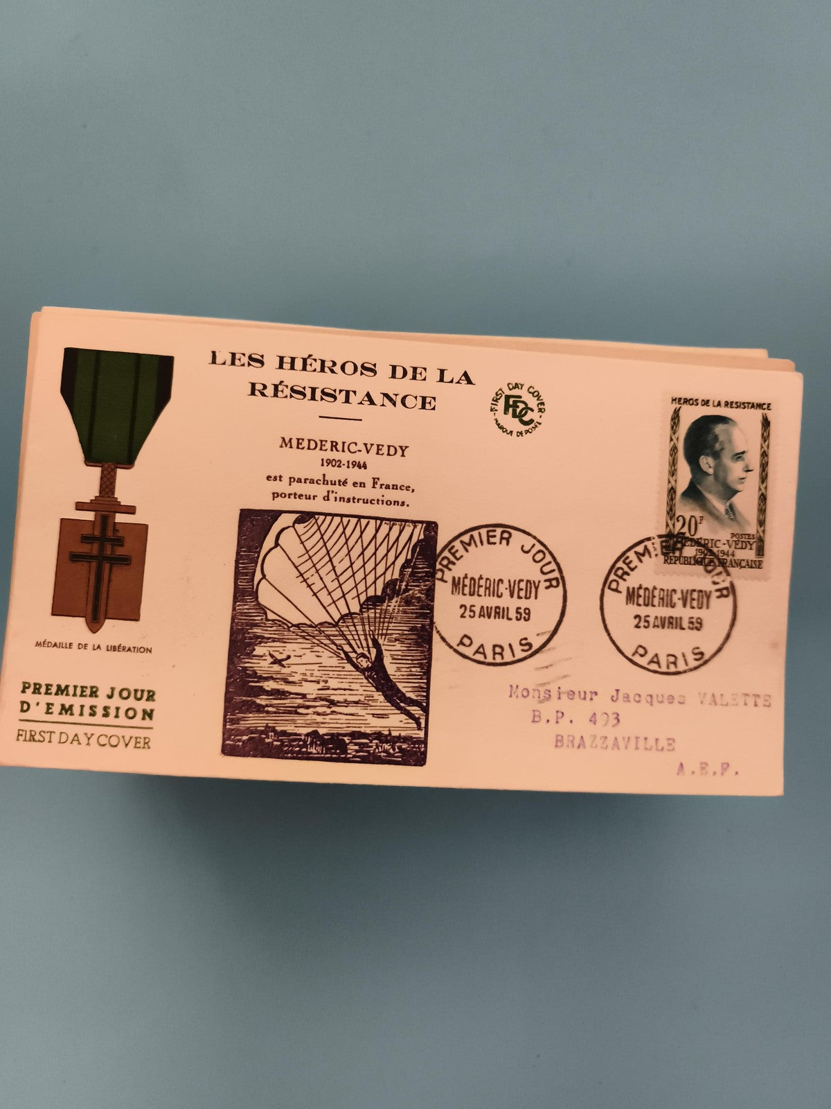 Lettre FDC Héros de la Résistance Médéric Védy 1959 cachet Premier Jour