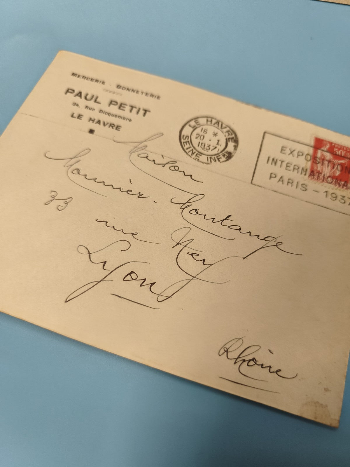 Ancienne enveloppe oblitérée 1937 Le Havre Lyon philatélie vintage (Ref 6)