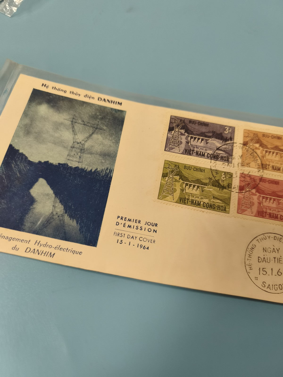 Ancienne enveloppe FDC Vietnam 1964 Danhim timbres premier jour hydroélectricité
