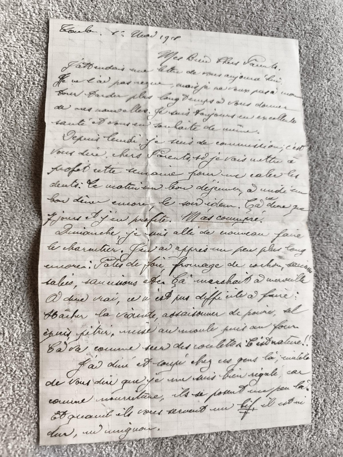 Lettre manuscrite ancienne 1918 WW1 Toulon papier quadrillé encre noire