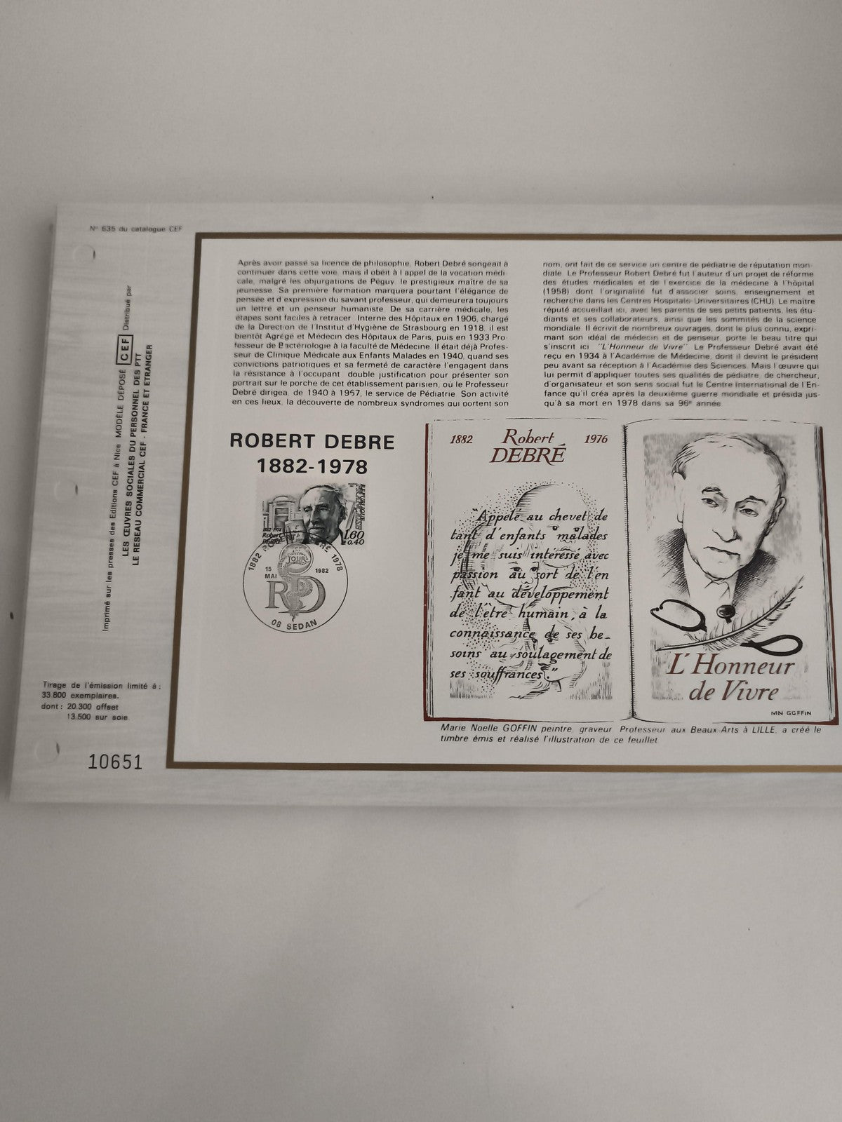 Feuillet CEF Robert Debré 1882-1978 philatélie timbre illustré soie n°835