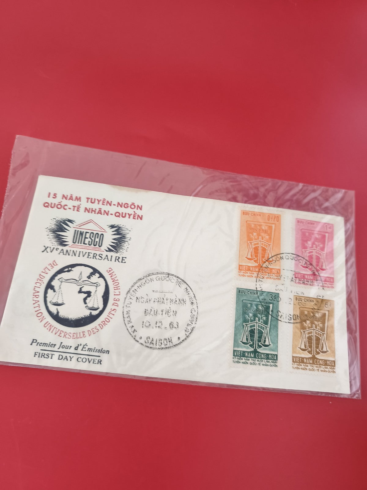 Vintage FDC Vietnam 1963 UNESCO droits de l?homme 4 timbres couleurs Saigon