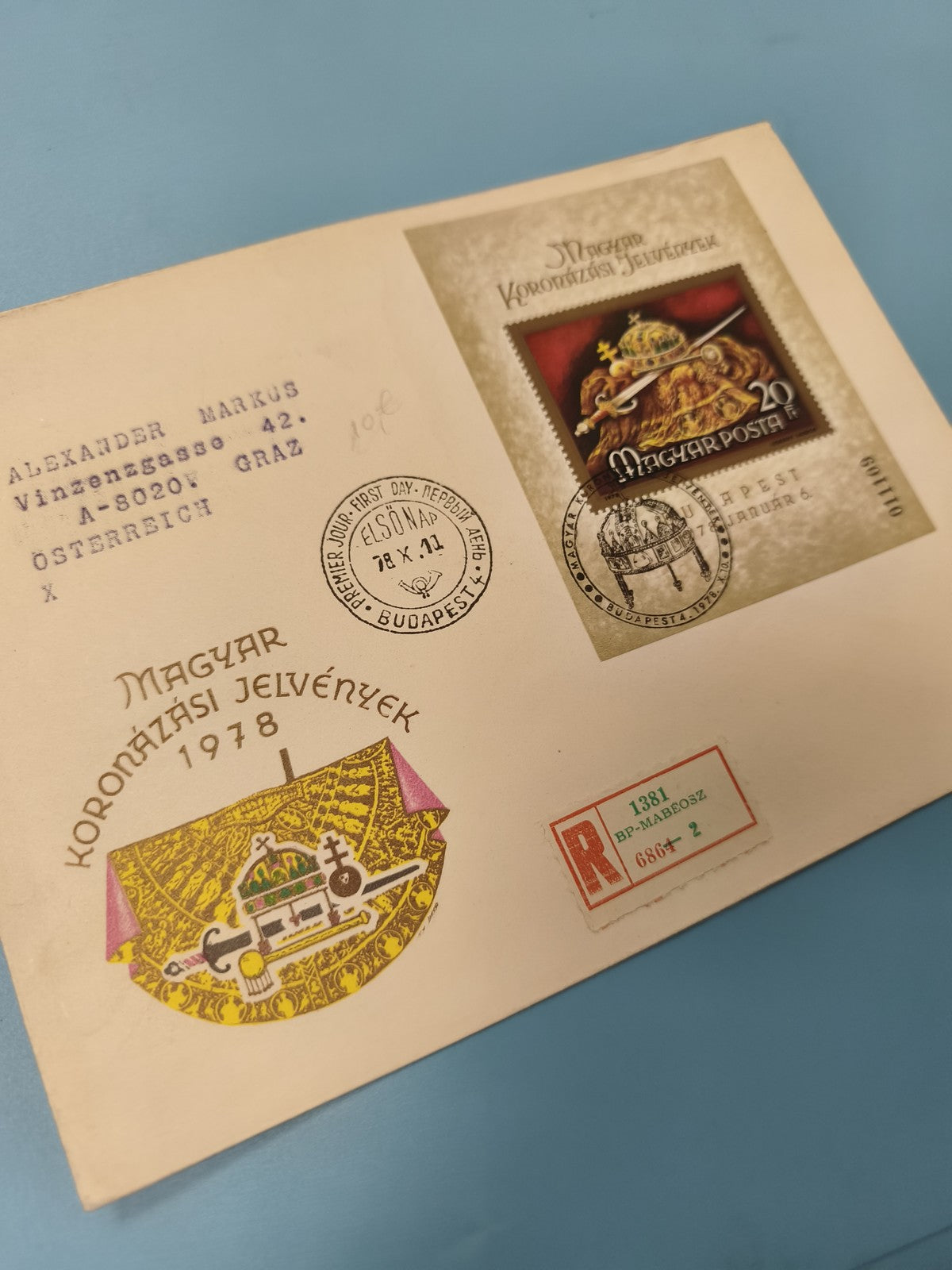 Enveloppe premier jour FDC Hongrie 1978 timbre Magyar Posta couronne dorée
