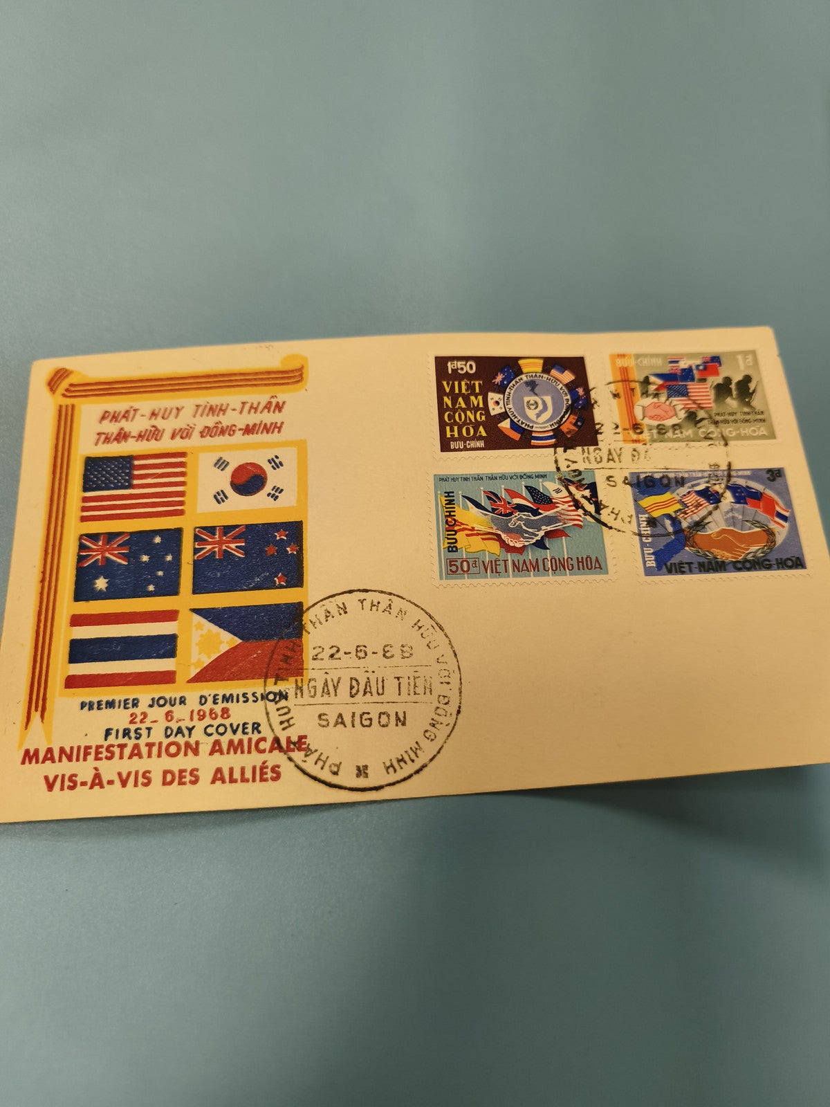 Ancienne enveloppe FDC Vietnam 1968 Manifestation Alliée timbres Saigon