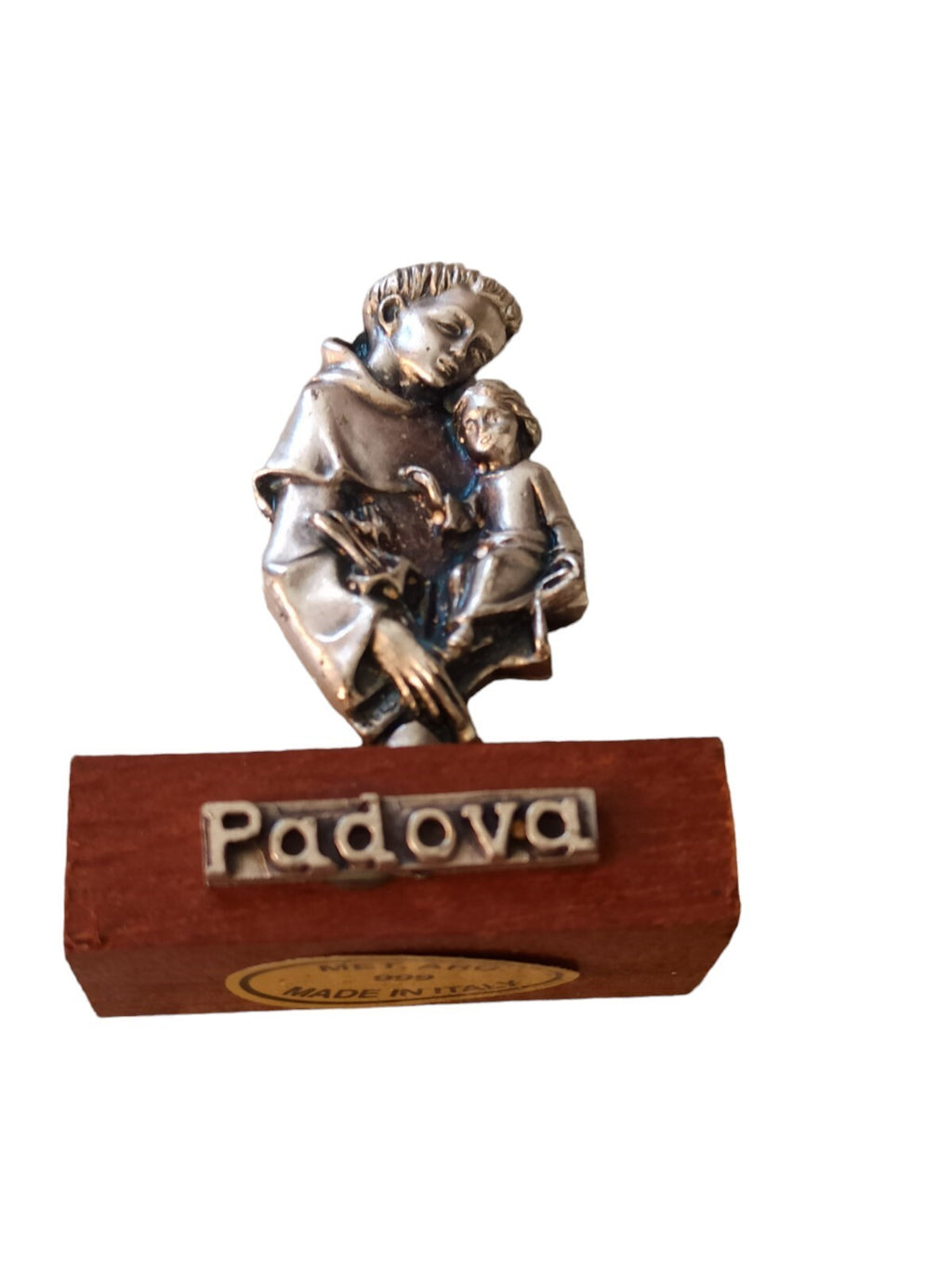 Statuette Saint Antoine Padova métal argenté socle bois vintage Italy 5 cm