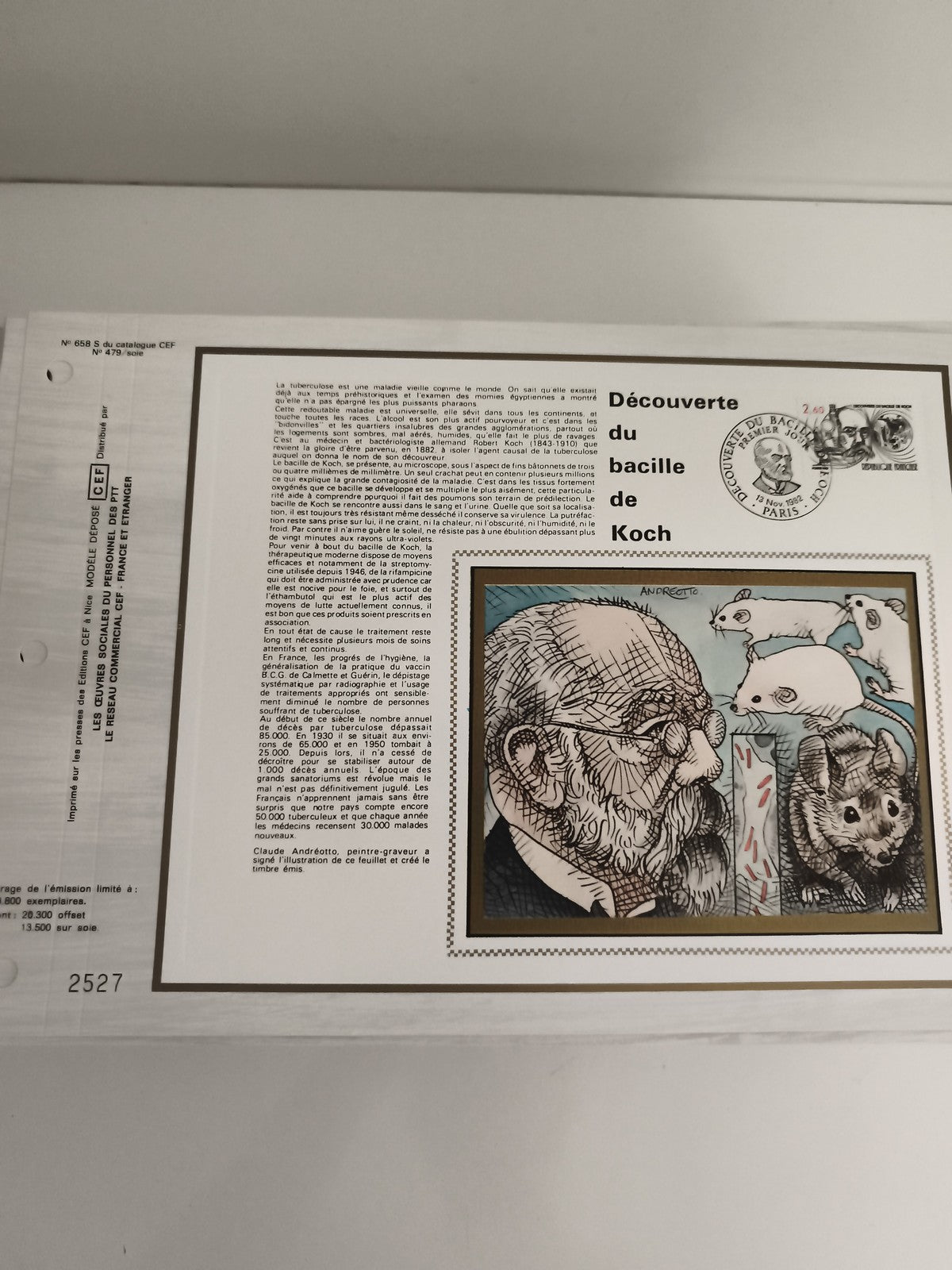 Feuillet CEF Découverte bacille de Koch timbre France Andréotto philatélie