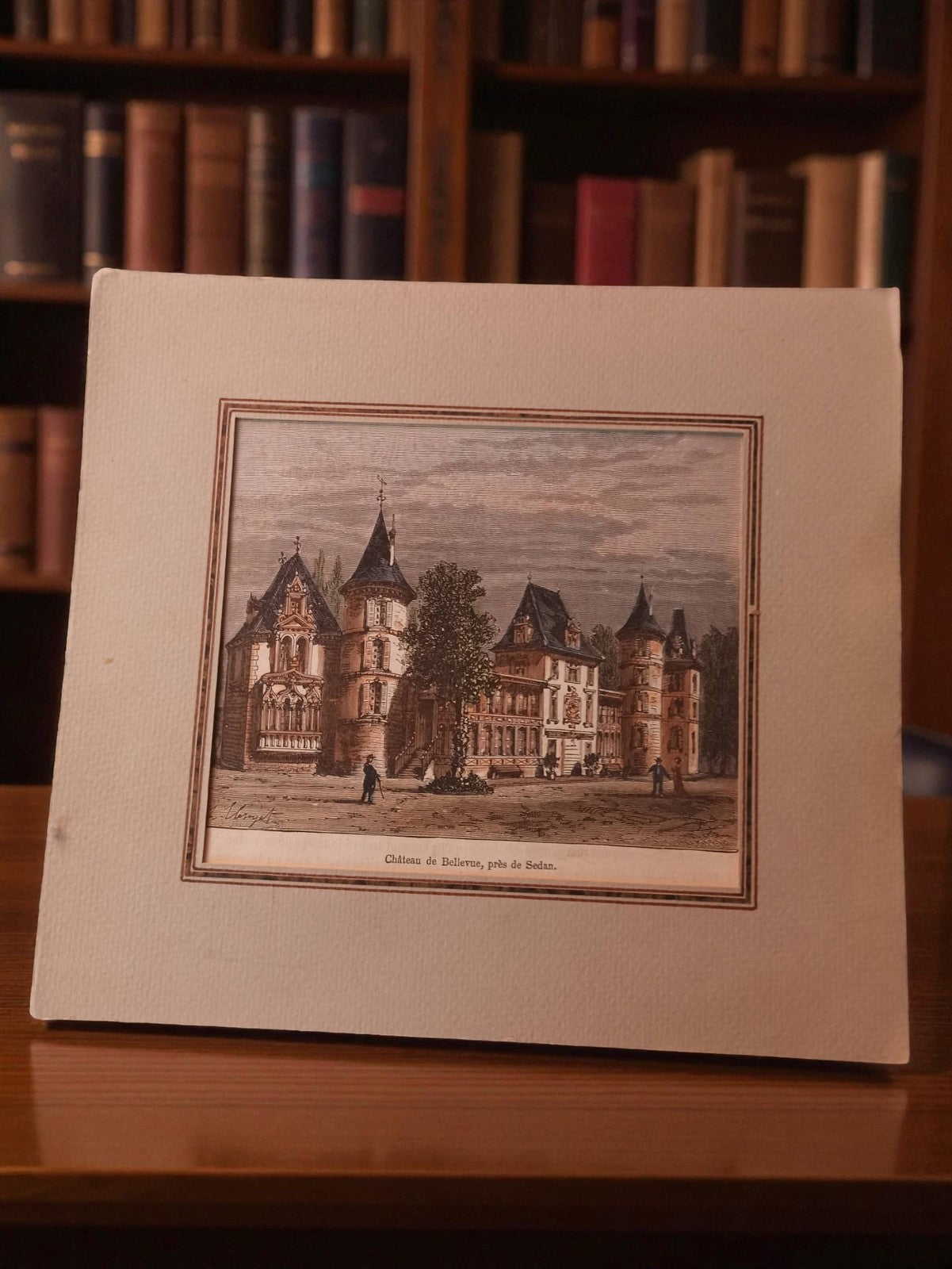 Gravure ancienne Château de Bellevue Sedan, petit format vintage rétro déco