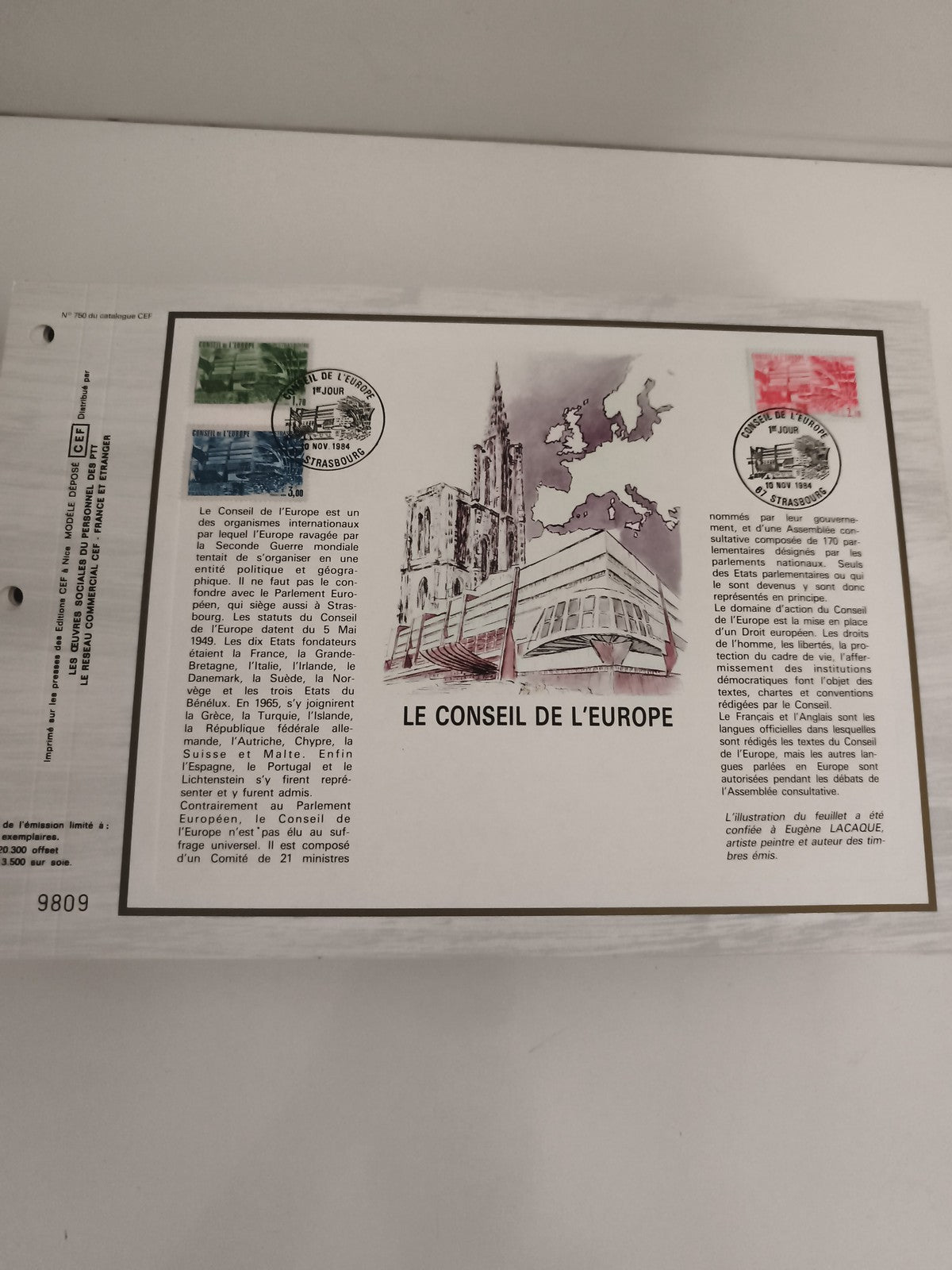 Feuillet philatélique CEF Le Conseil de l’Europe Strasbourg timbres 1964