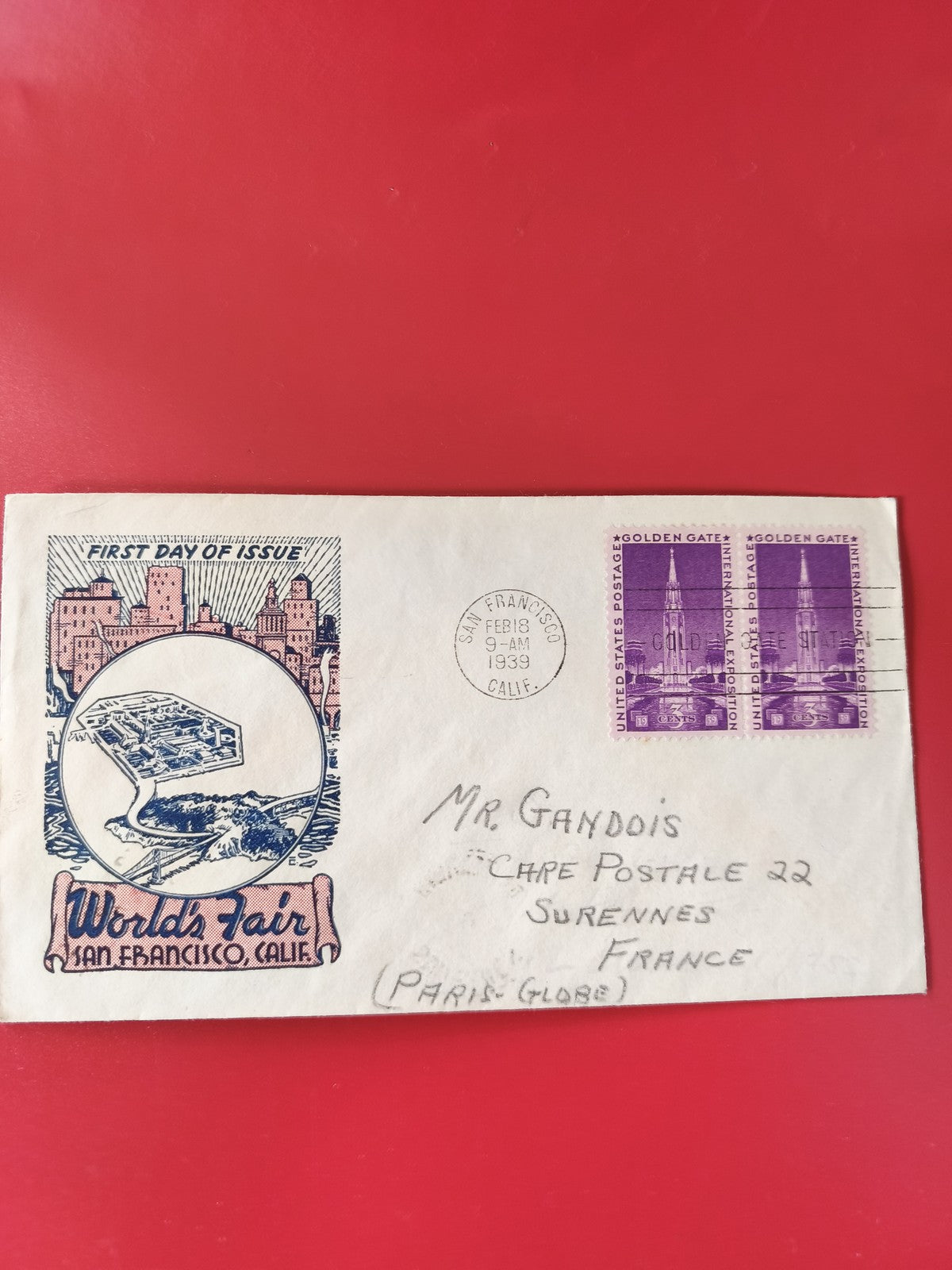 Enveloppe philatélie World's Fair San Francisco 1939 timbres Golden Gate USA