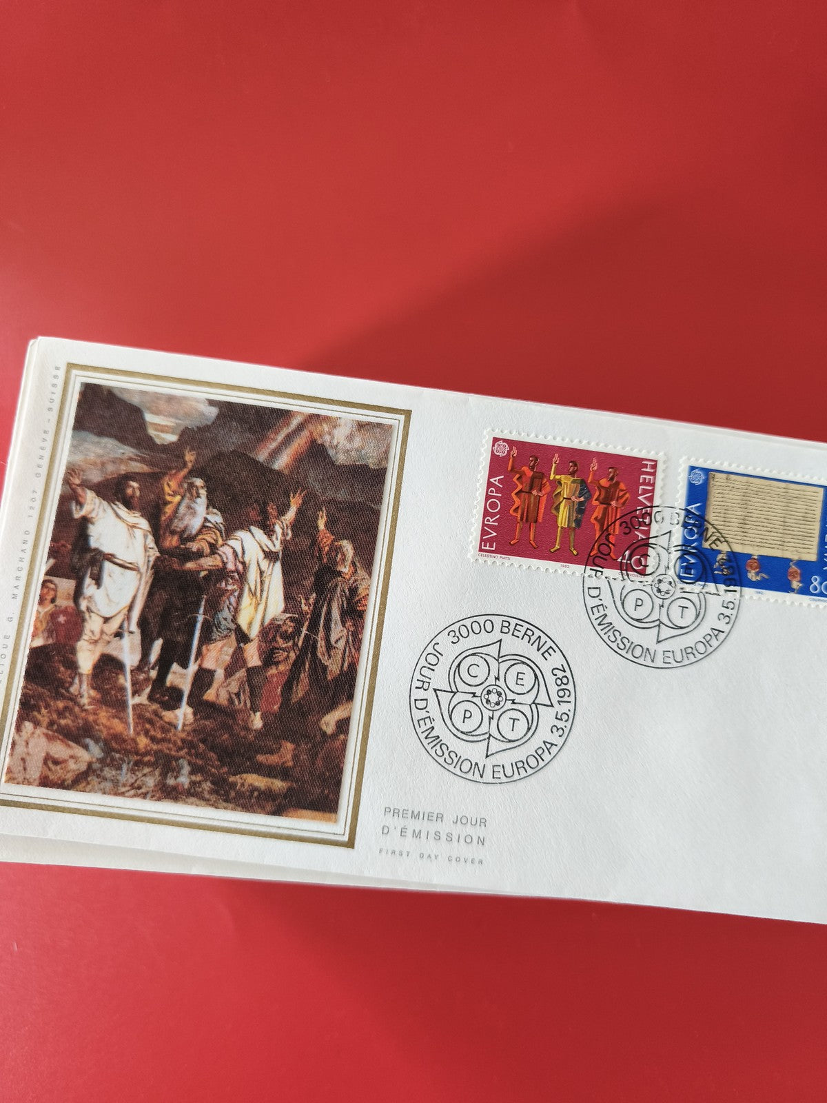 Enveloppe philatélie premier jour Suisse, timbres Europa 1982, illustration
