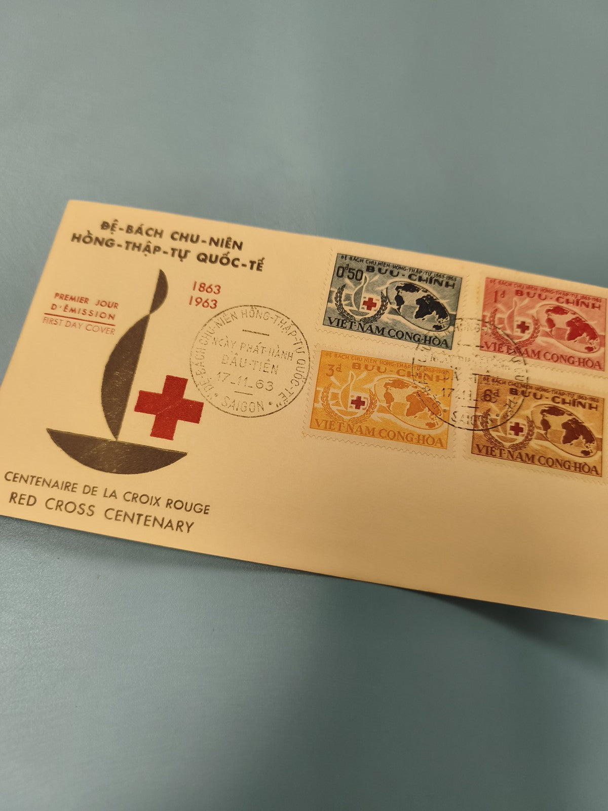 Ancienne enveloppe FDC Vietnam Croix-Rouge 1963, timbres oblitérés collection