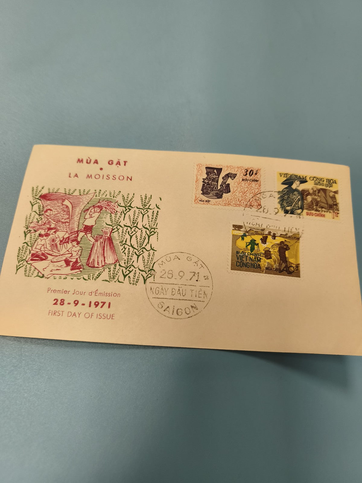 Ancienne enveloppe FDC Vietnam 1971 La Moisson timbres premier jour Saigon