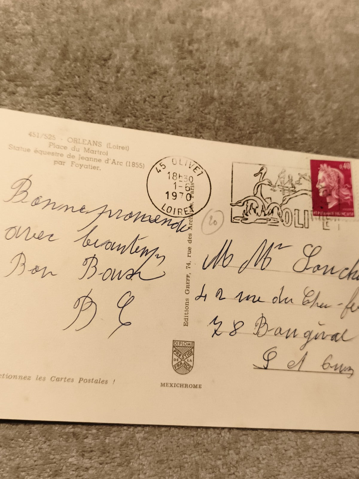 Carte postale Orléans Jeanne d’Arc 1970 timbre 0,40F oblitération Olivet philaté