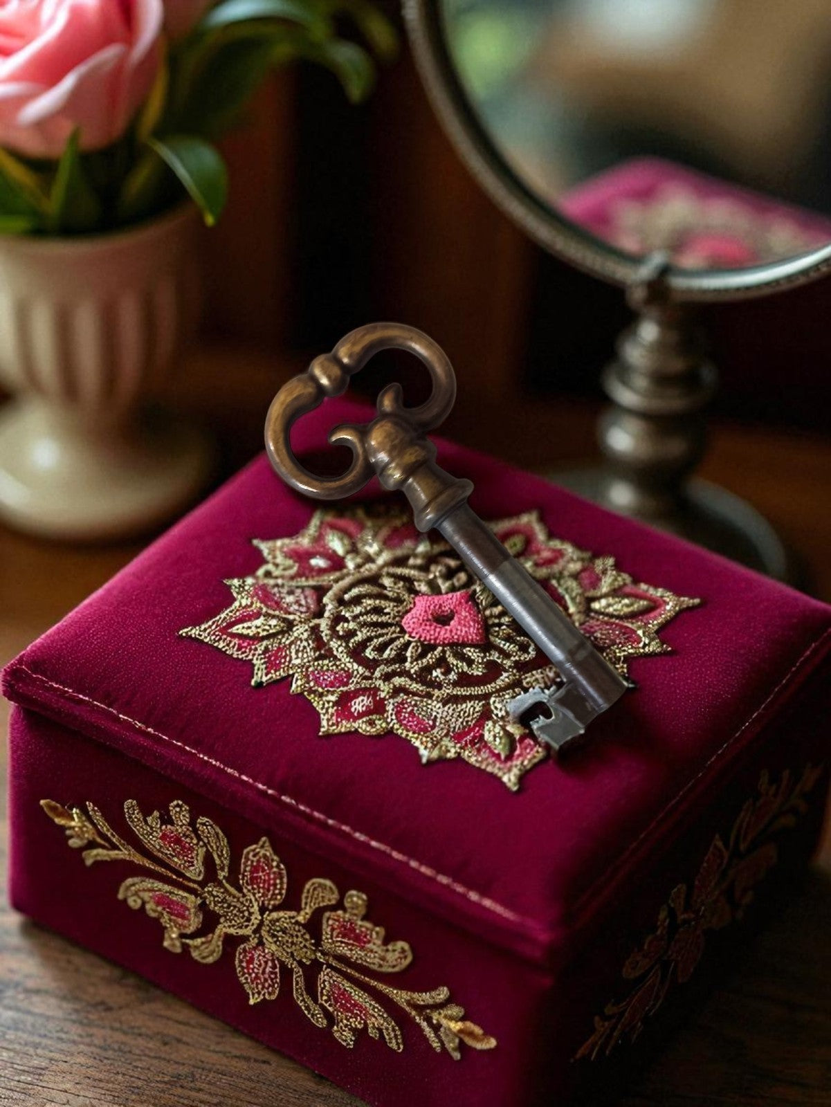 Clé ancienne vintage de manoir, forme baroque, aspect métal patiné, déco porte m