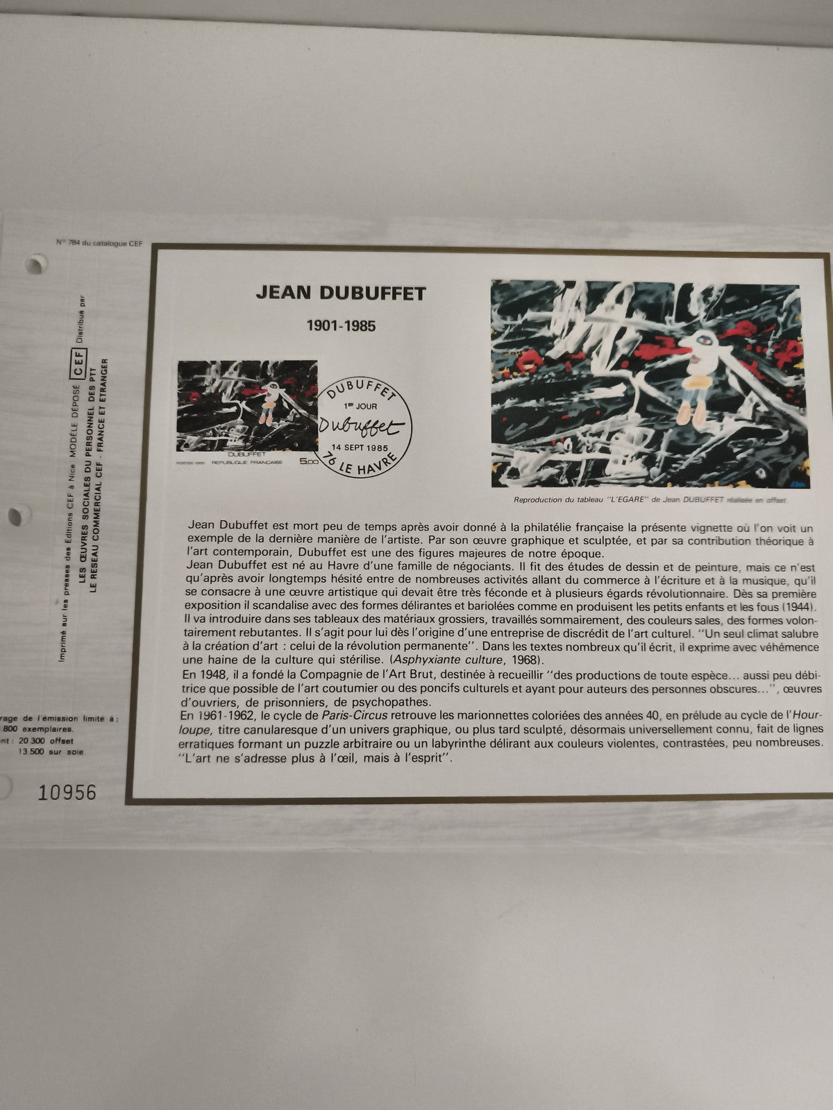 Feuillet CEF Jean Dubuffet 1985 philatélie timbre oblitéré Le Havre art brut