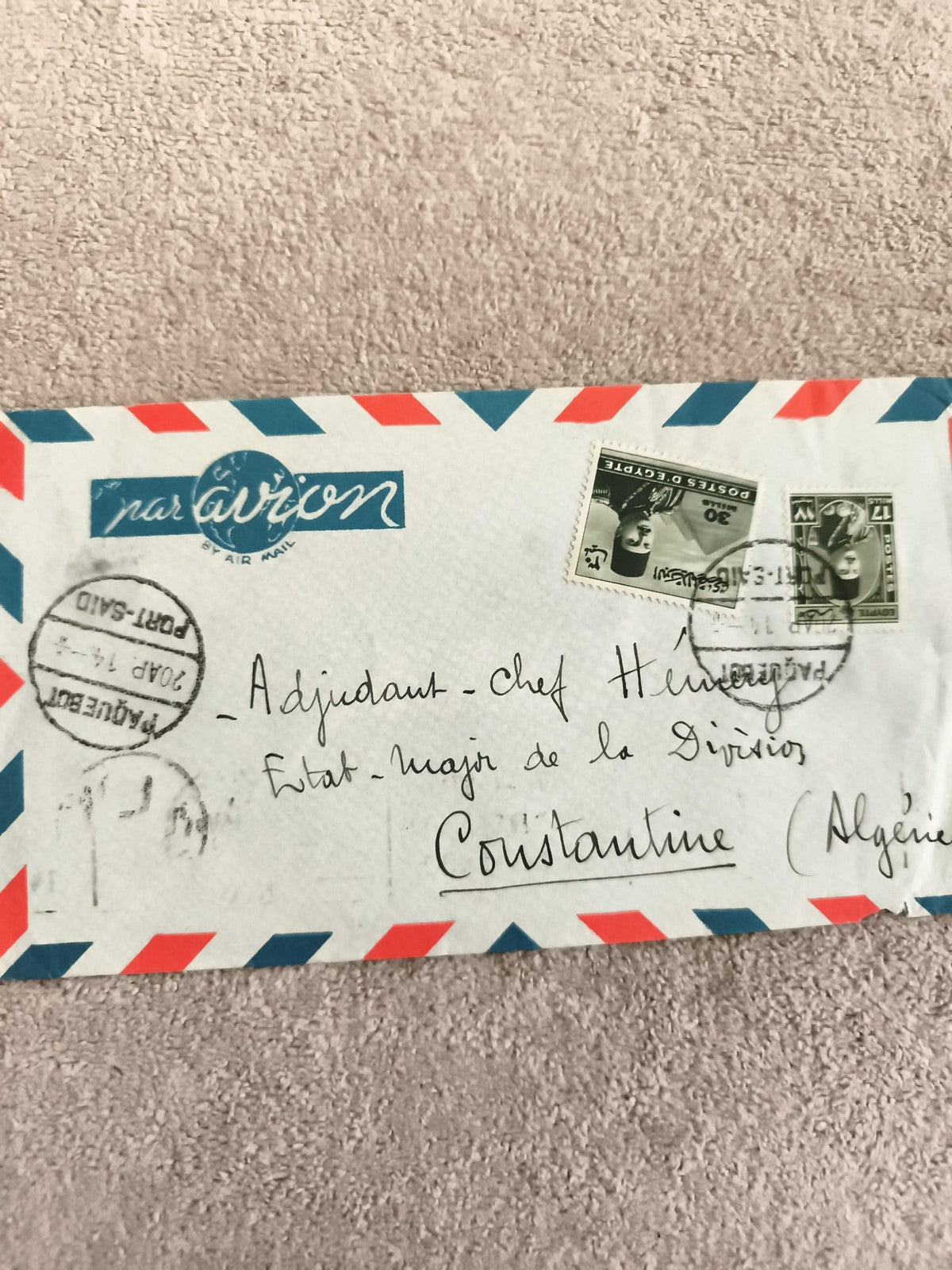 Lettre avion France Égypte affranchie timbres Marianne 30c 17c, cachets, Algérie
