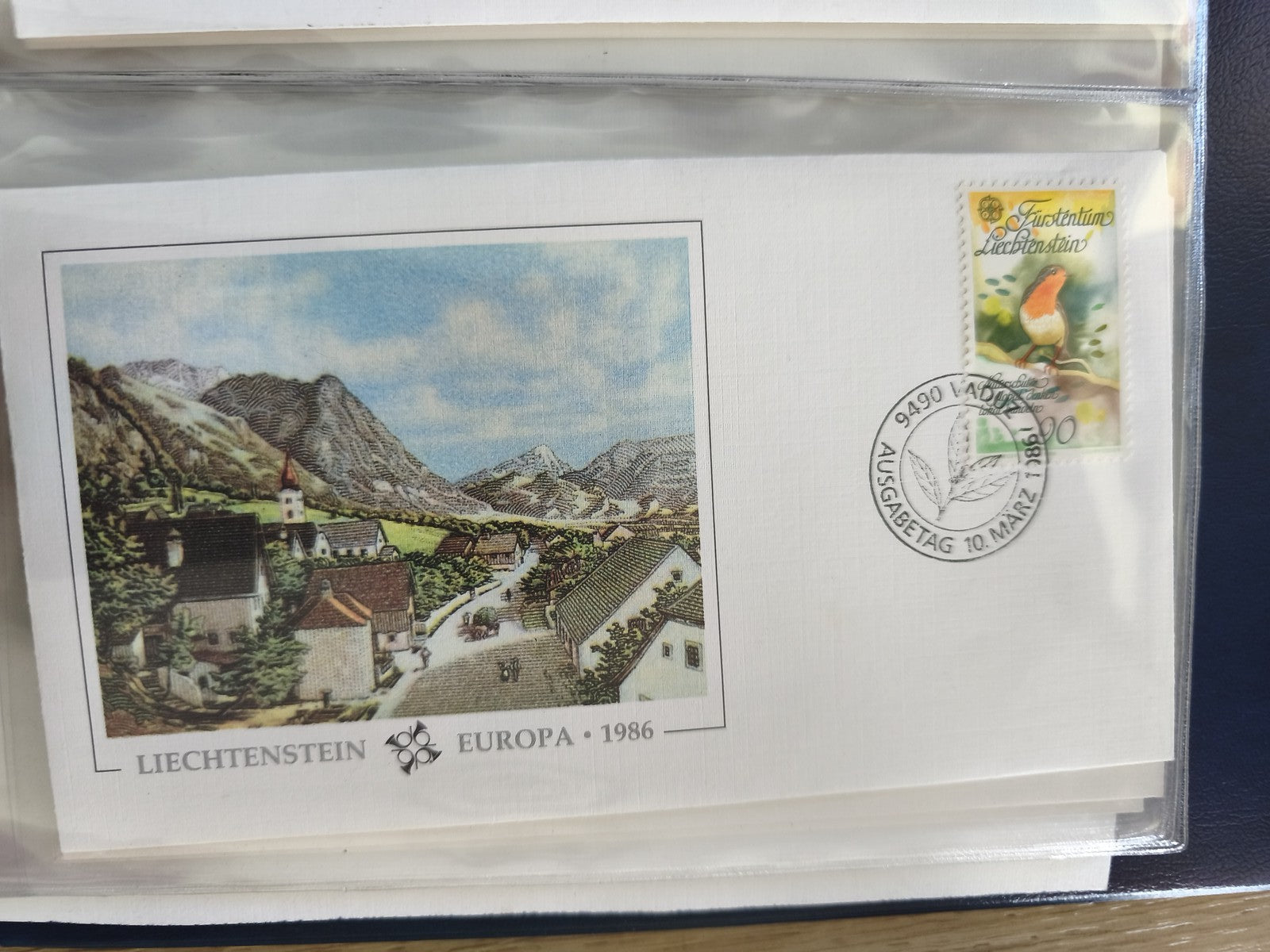Enveloppe premier jour Liechtenstein 1986 timbre oiseau paysage montagne FDC