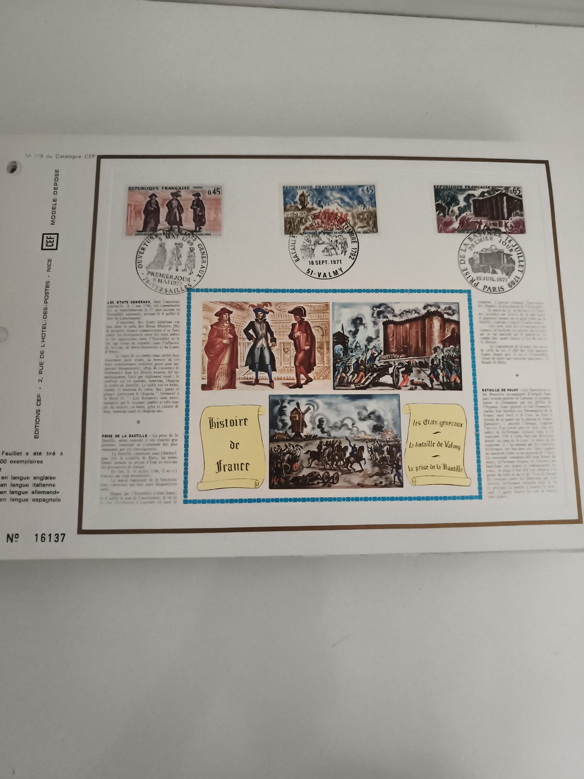 Feuillet CEF Histoire de France timbres 1971 Révolution Bastille Valmy