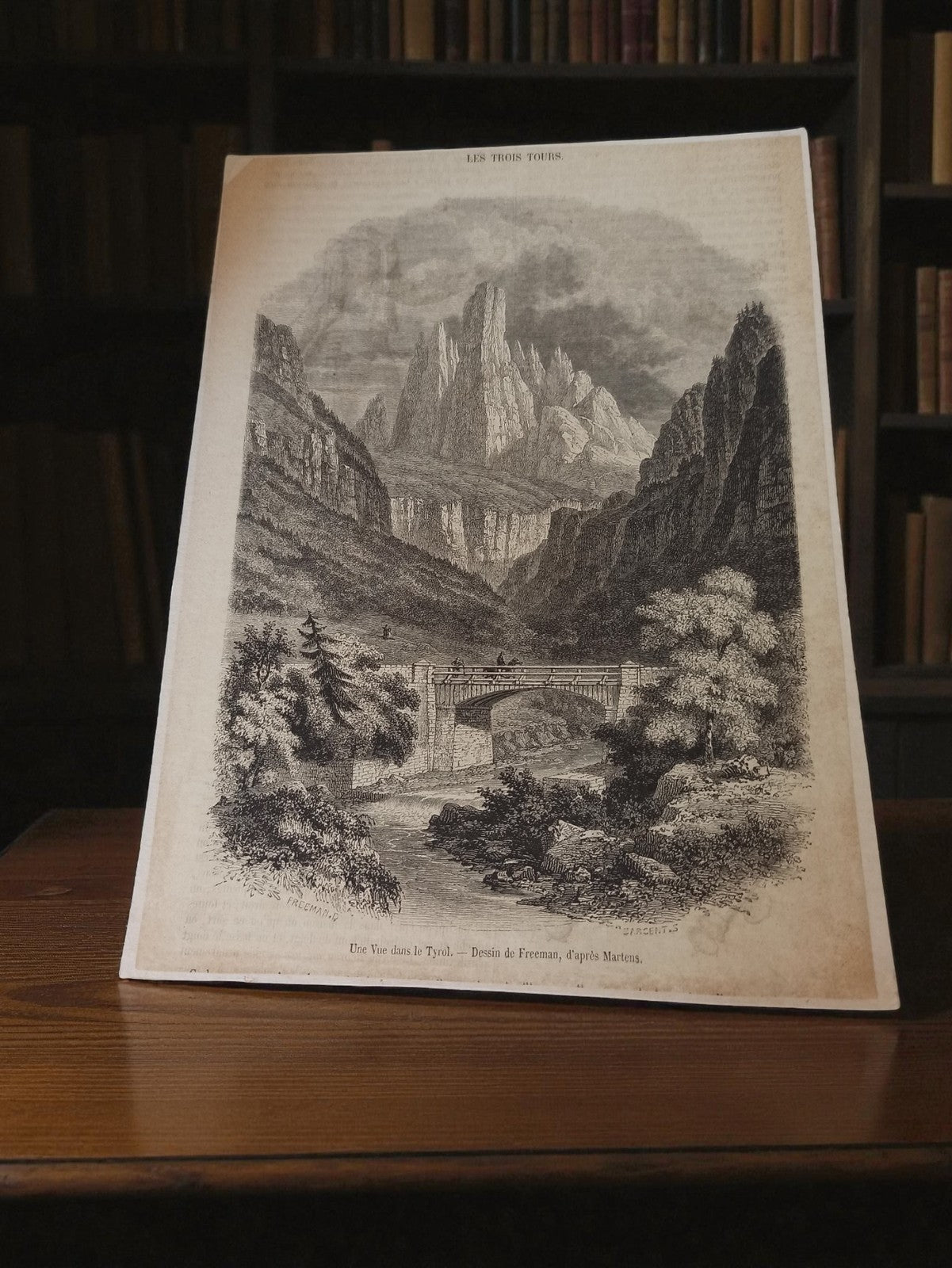 Petite gravure ancienne paysage montagne, illustration XIXe, déco rétro Tyrol