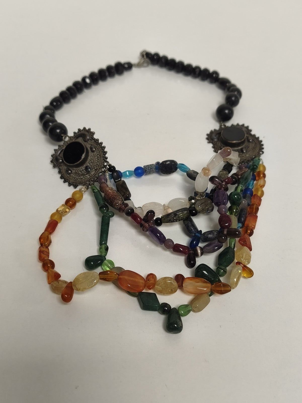 Collier ancien vintage ethnique, gros pendentif, pierres naturelles authentiques