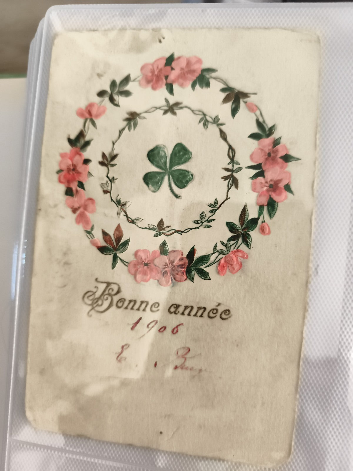 Carte postale ancienne 1906 Bonne année trèfle fleurs CPA début XXe rare
