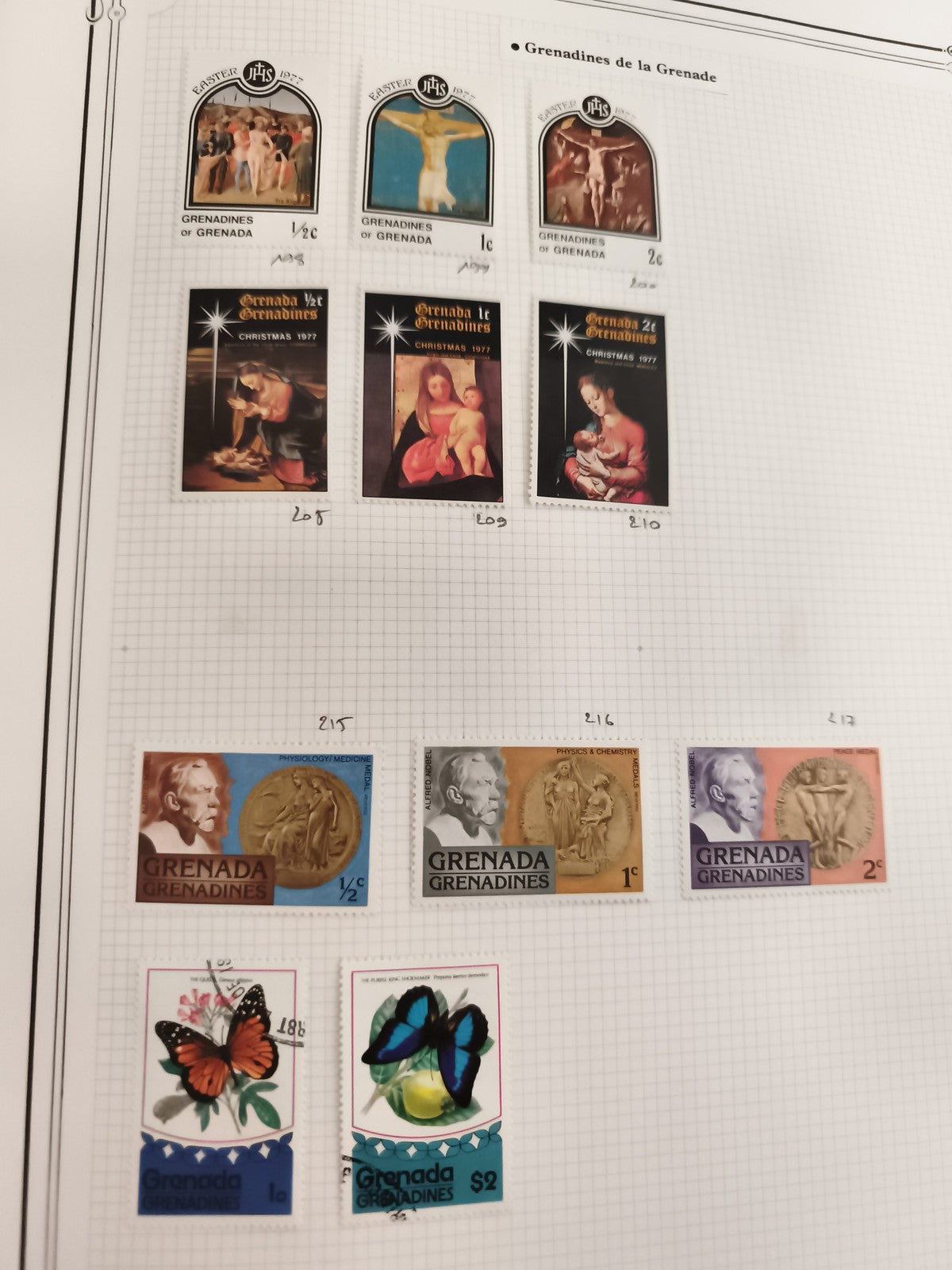 Timbres anciens Grenadines Grenade 1977 Grenada papillons Noël art Nobel