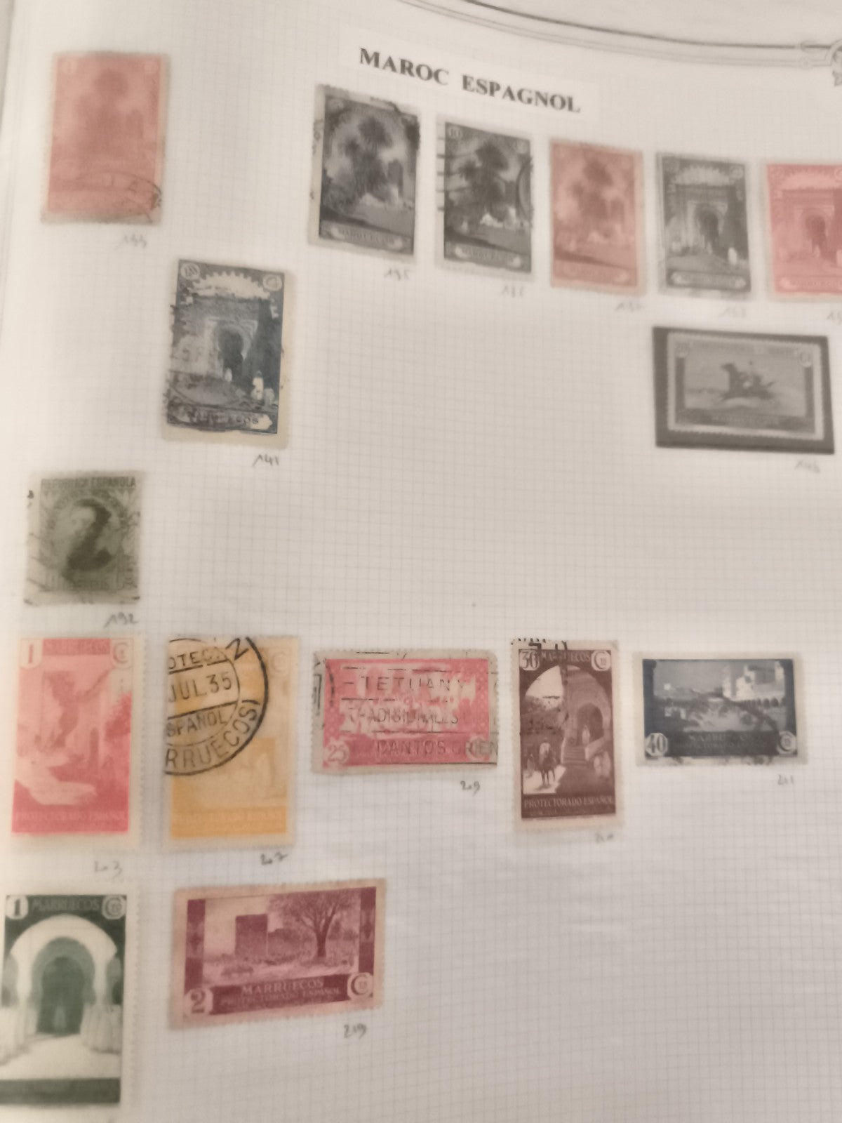 Timbres Maroc Espagnol anciens oblitérés, lot philatélie, paysages et monuments