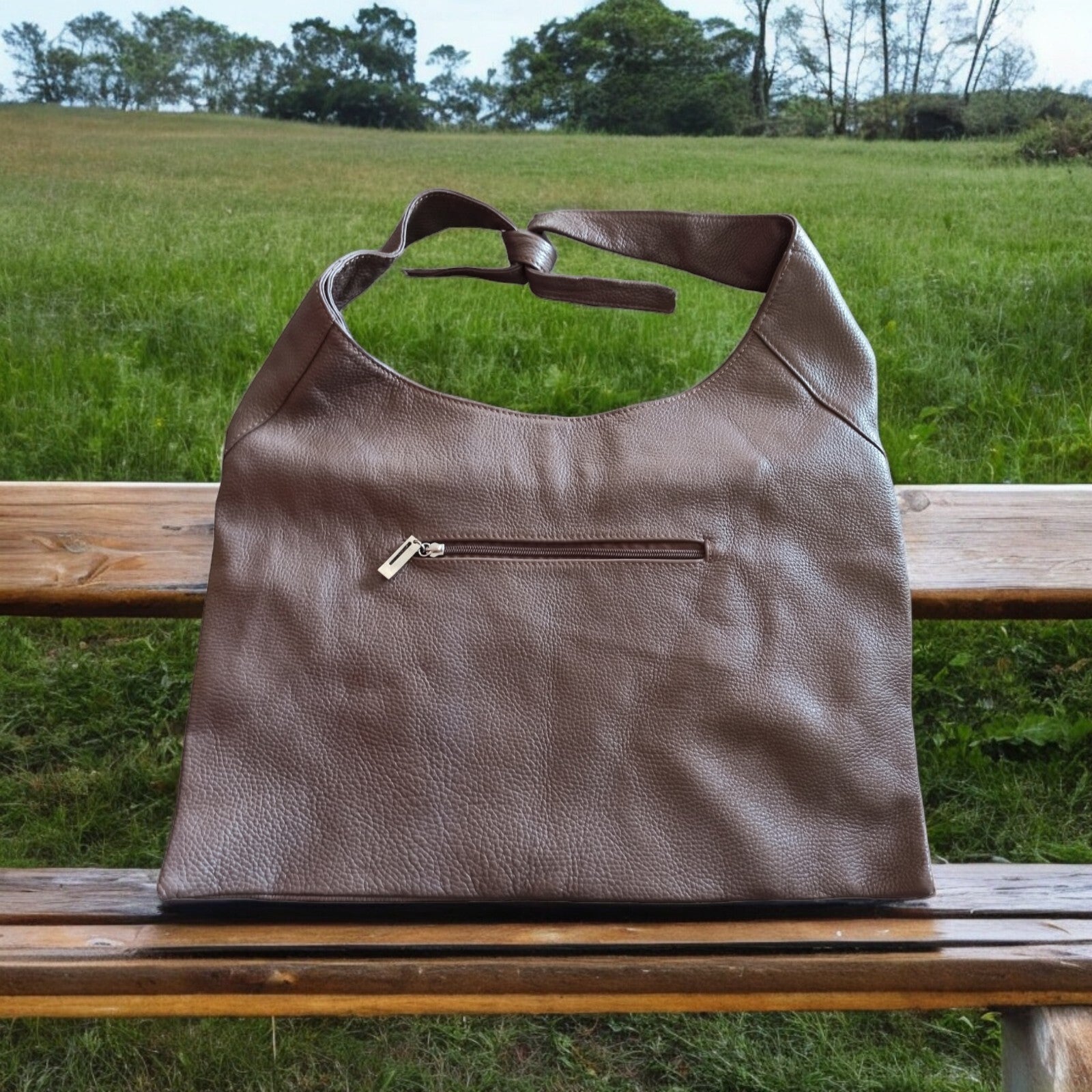 Sac à main femme cuir marron souple, style cabas italien, anse nouée
