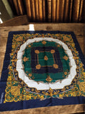 Foulard carré vintage Torrente motif chaînes baroques bleu vert doré rétro éléga